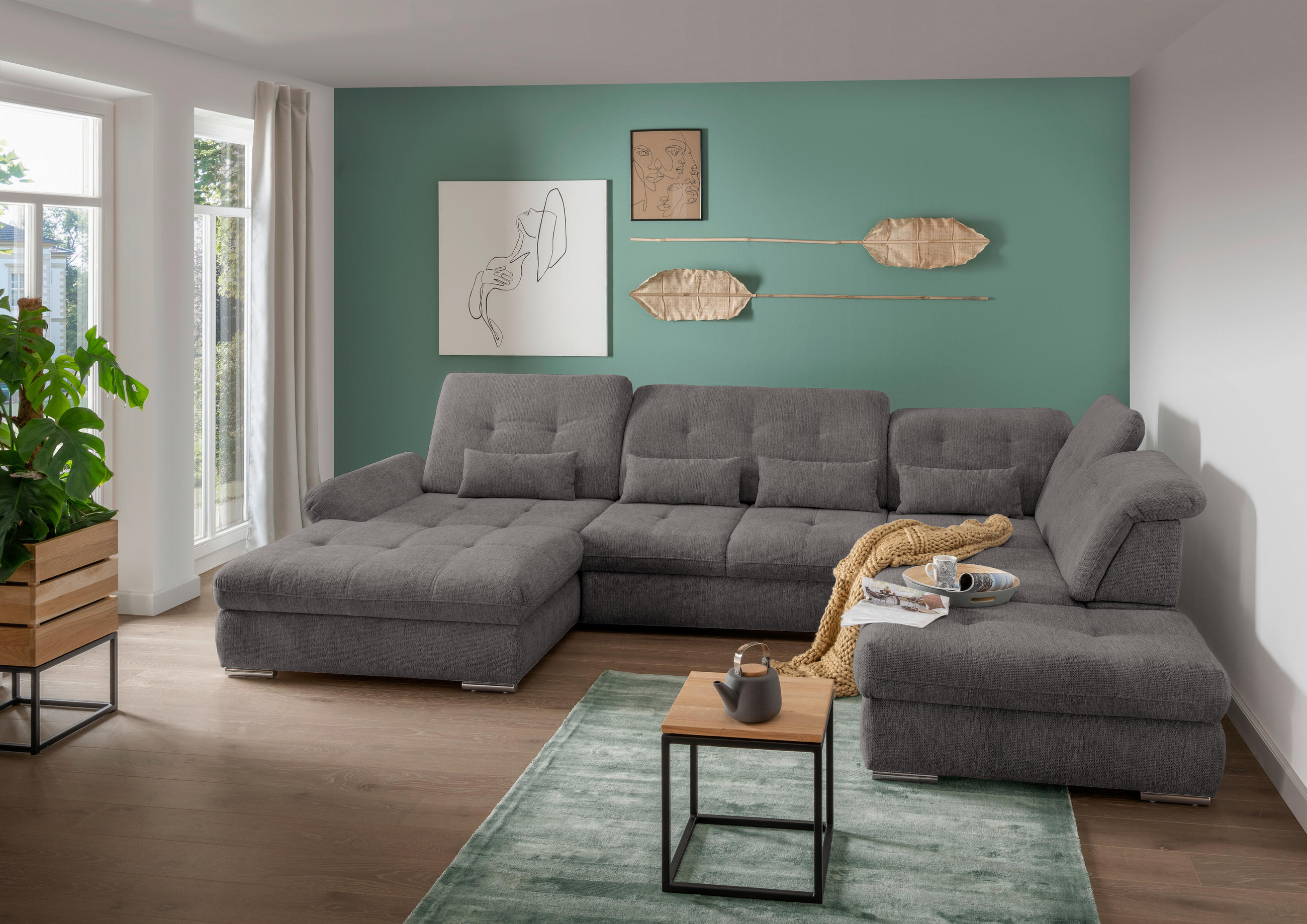WOHNLANDSCHAFT Braun, Grau Chenille  - Chromfarben/Braun, Design, Textil/Metall (195/376/254cm) - Livetastic