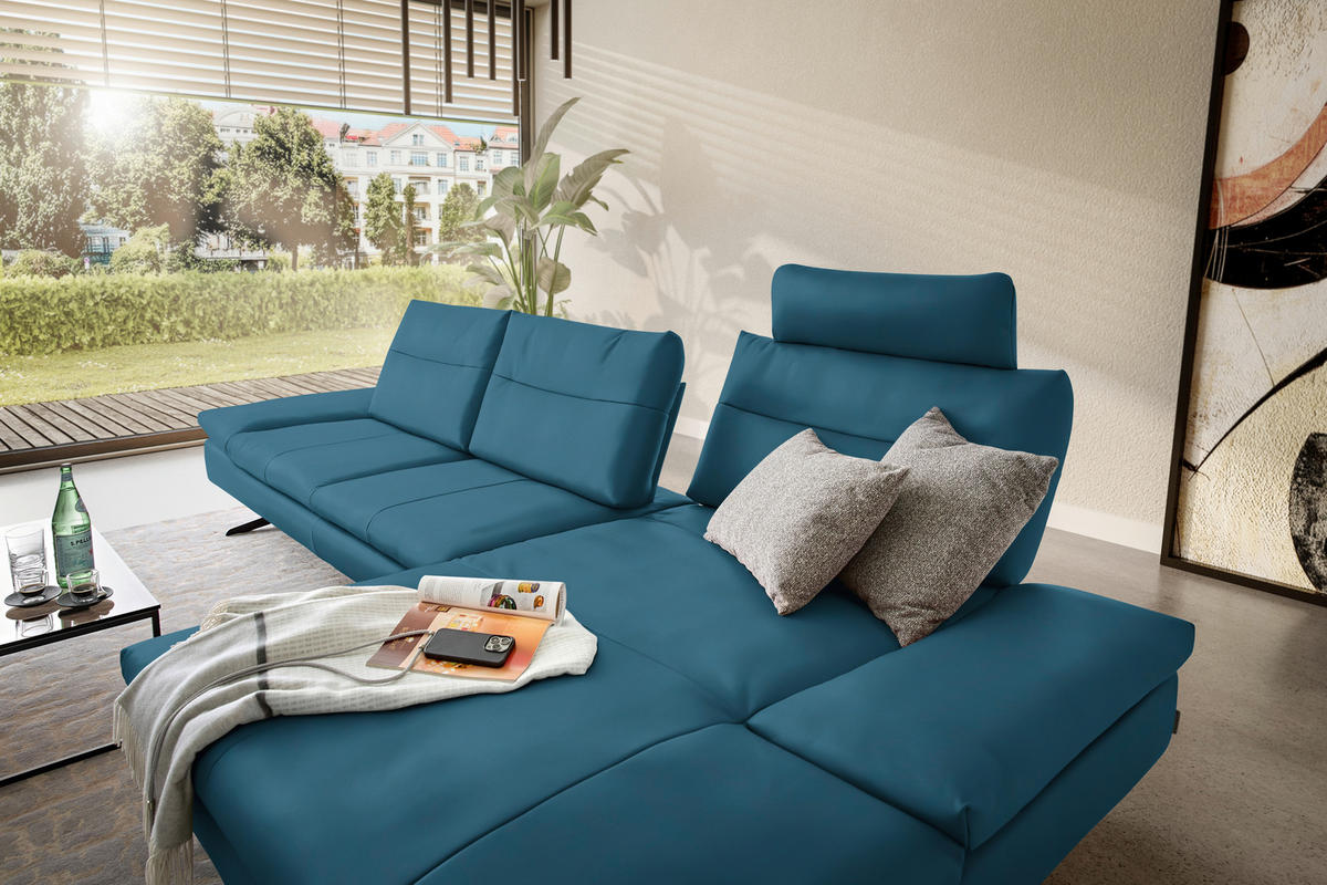 ECKSOFA in Echtleder Hellblau  342/158 cm  - Schwarz/Hellblau, MODERN, Leder/Metall (342/158cm) - Chilliano
