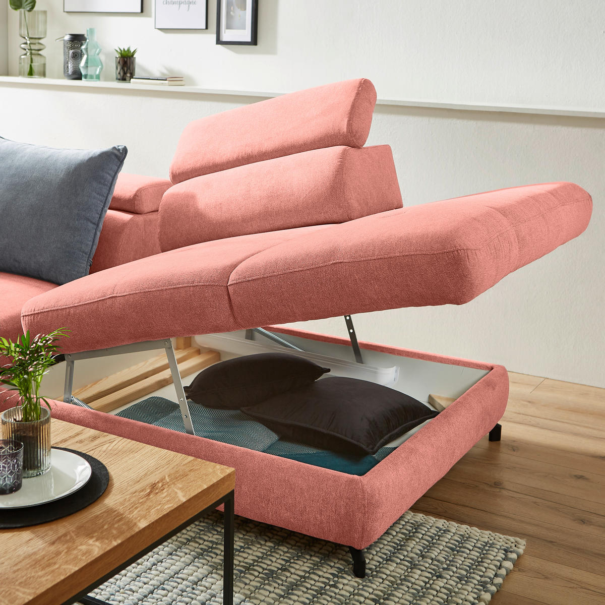 ECKSOFA in Webstoff Koralle  277/237 cm  - Koralle/Schwarz, Design, Textil/Metall (277/237cm) - Stylife
