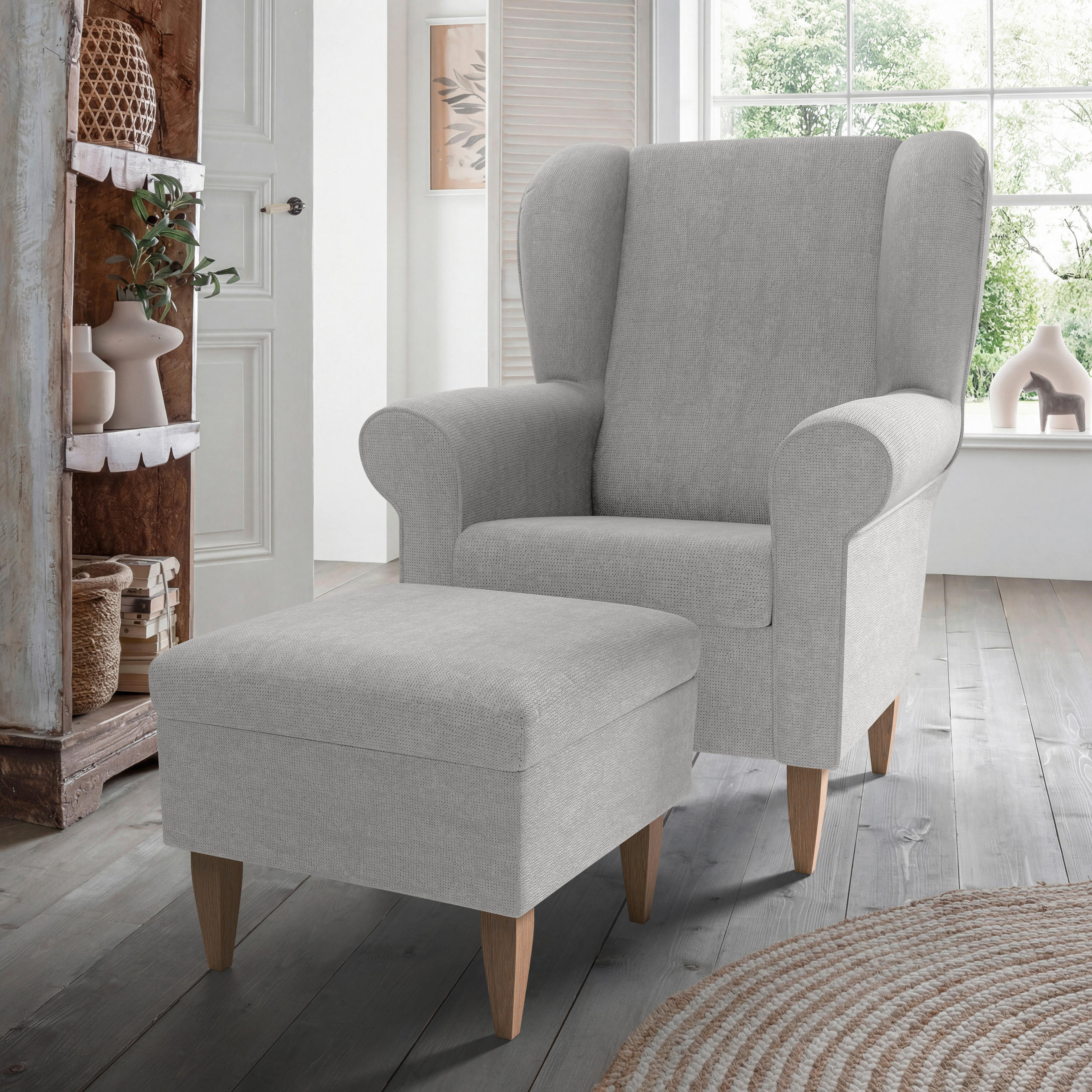 SESSELSET ASINO Chenille Hocker    - Naturfarben/Grau, KONVENTIONELL, Holz/Textil (80/102/86cm) - Livetastic