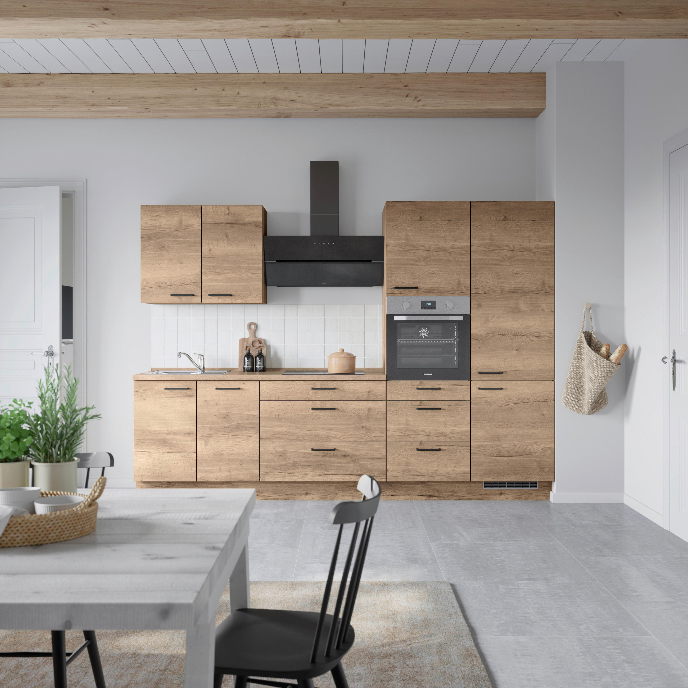 BUCĂTĂRIE FĂRĂ ELECTROCASNICE  - stejar închis la culoare/negru, Modern, metal/material pe bază de lemn (300cm) - Nobilia