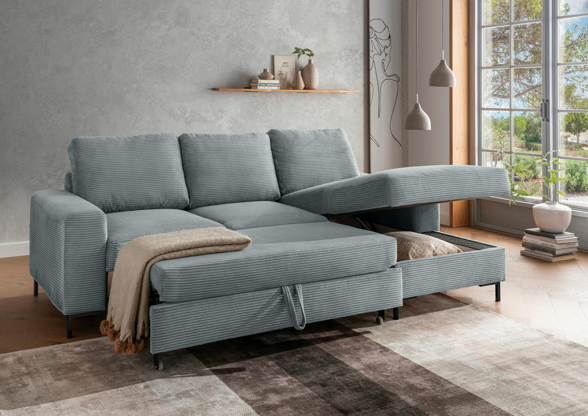 ECKSCHLAFSOFA  mit Liegefunktion, Rücken echt Cord Hellblau  - Schwarz/Hellblau, KONVENTIONELL, Textil/Metall (237/143cm) - Livetastic