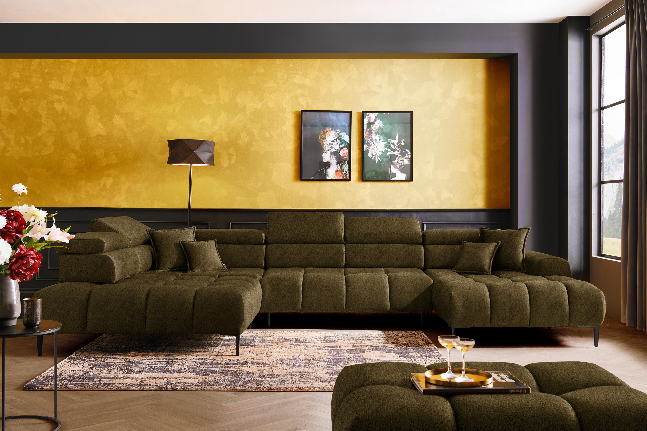 WOHNLANDSCHAFT in Samt, Webstoff Olivgrün  - Schwarz/Olivgrün, Design, Textil/Metall (216/385/177cm) - Welnova