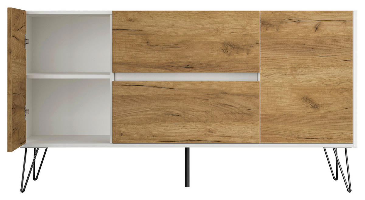 SIDEBOARD Posseik Industrial 139/75,8/42 cm 2 Schublade(n)  - Eichefarben/Weiß Hochglanz, Design, Holzwerkstoff/Metall (139/75,8/42cm) - MID.YOU