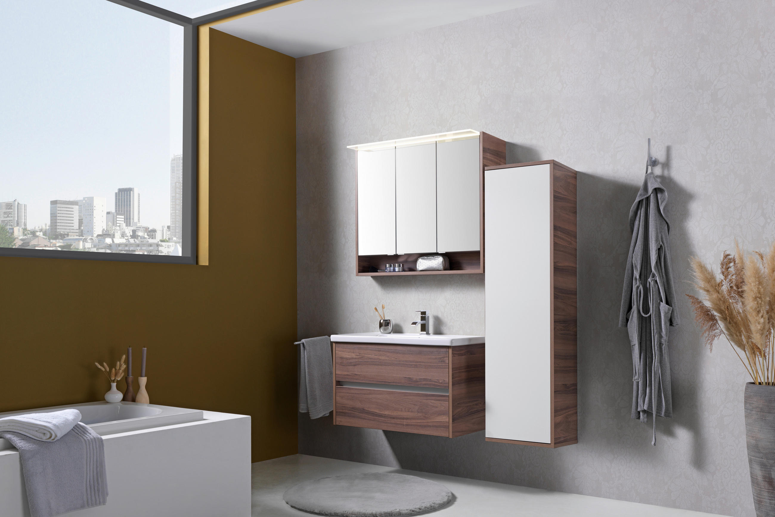 HOCHSCHRANK 41,2/152,1/32,0 cm  - Nussbaumfarben/Weiß, Basics, Glas/Holzwerkstoff (41,2/152,1/32,0cm) - Voleo
