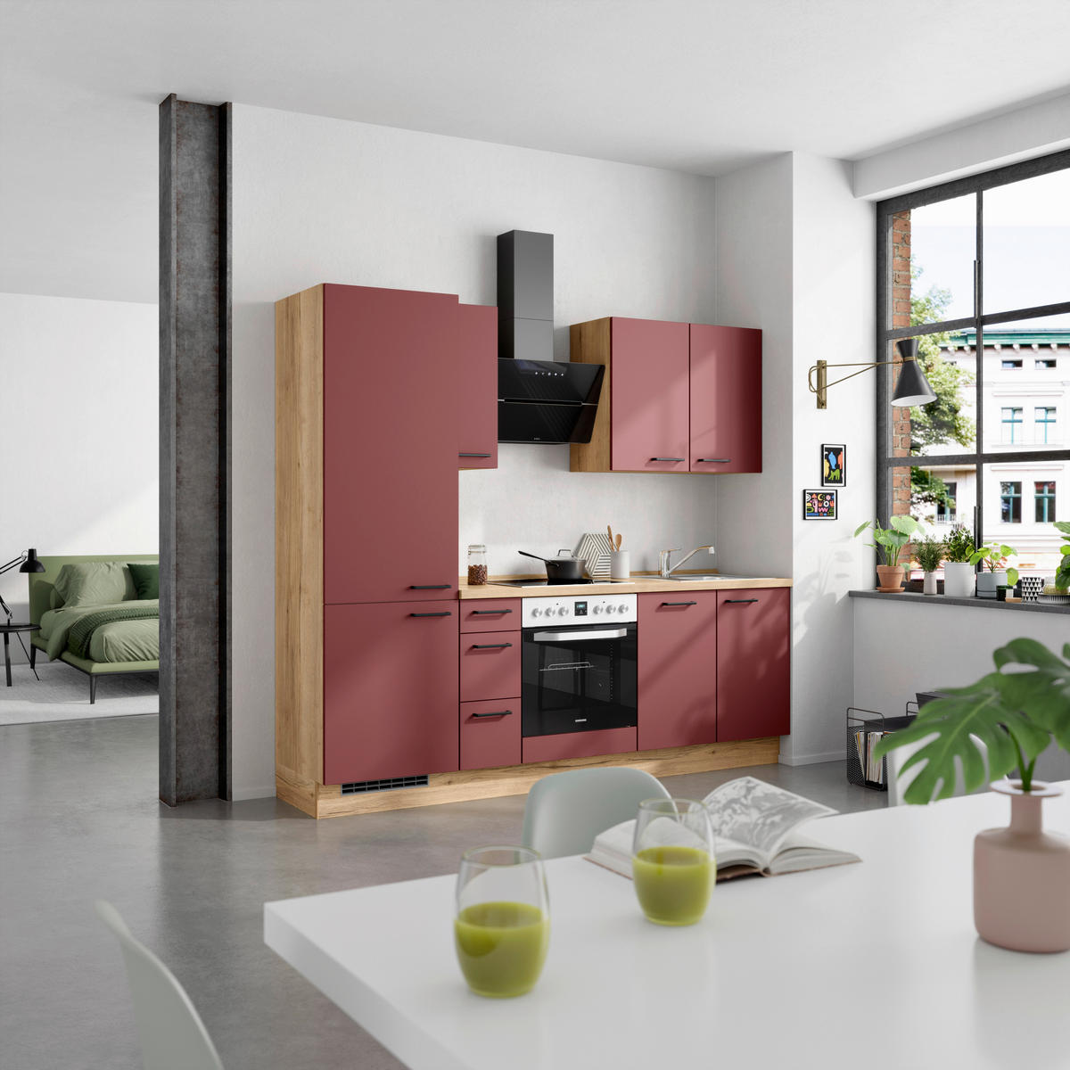 KÜCHENLEERBLOCK 240 cm   in Rot, Eichefarben  - Eichefarben/Rot, MODERN, Holzwerkstoff/Metall (240cm) - Nobilia
