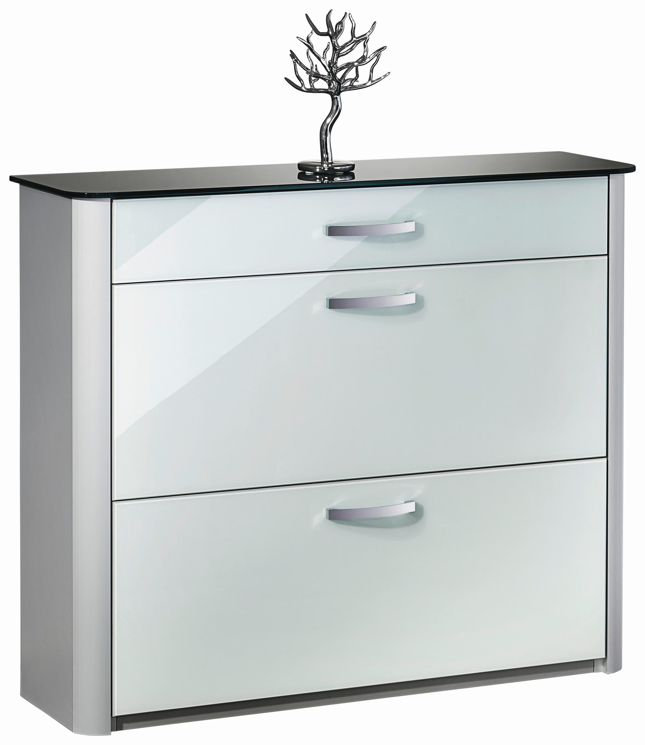 SCHUHSCHRANK Alufarben, Weiß Hochglanz  - Chromfarben/Weiß Hochglanz, Basics, Glas/Holzwerkstoff (117/97/28cm) - Moderano