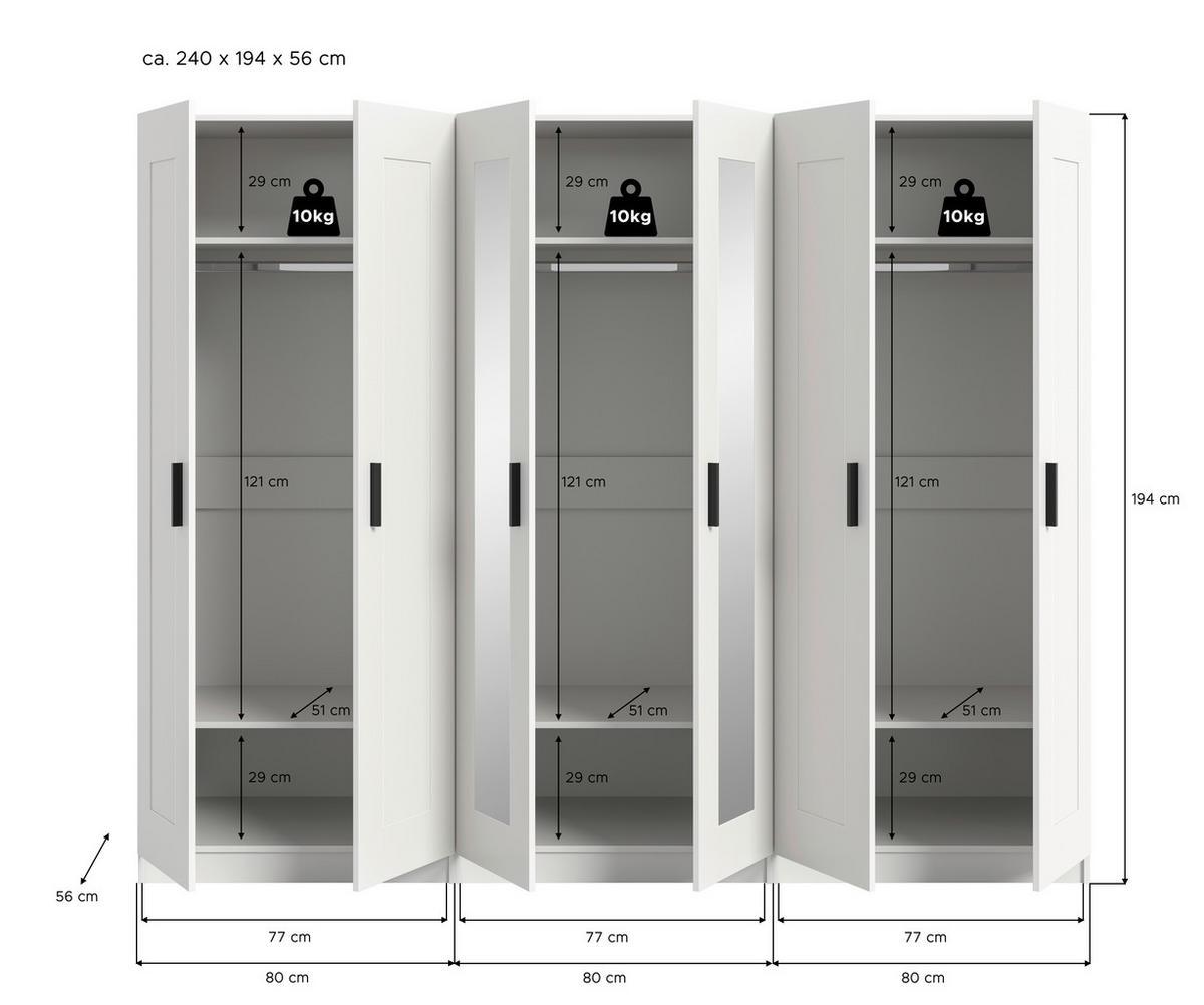 DREHTÜRENSCHRANK 240/194/56 cm,  in Weiß, 6 Tür(en)-türig  - Schwarz/Weiß, ROMANTIK / LANDHAUS, Holzwerkstoff/Kunststoff (240/194/56cm) - Livetastic