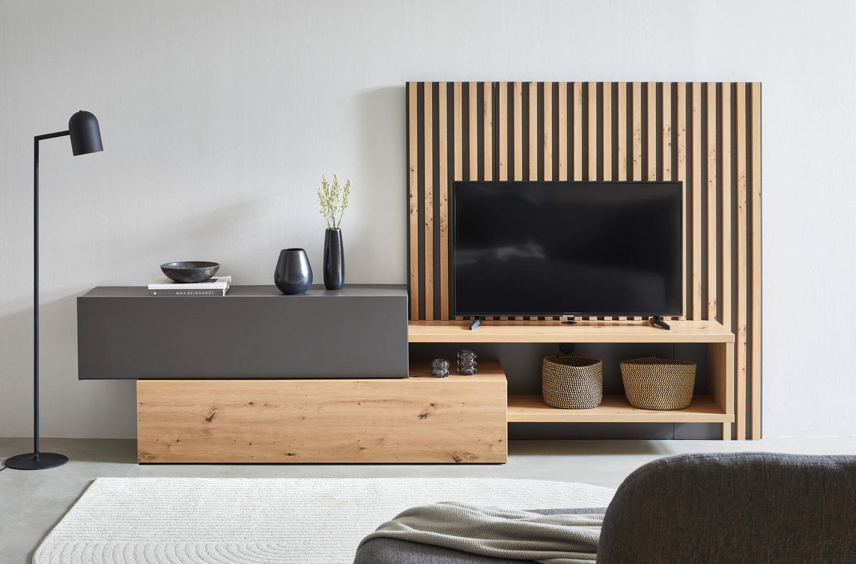 WOHNWAND  in Grau, Eiche Artisan 288,5/152,5/42,5 cm  - Eiche Artisan/Grau, Modern, Holzwerkstoff (288,5/152,5/42,5cm) - Carryhome