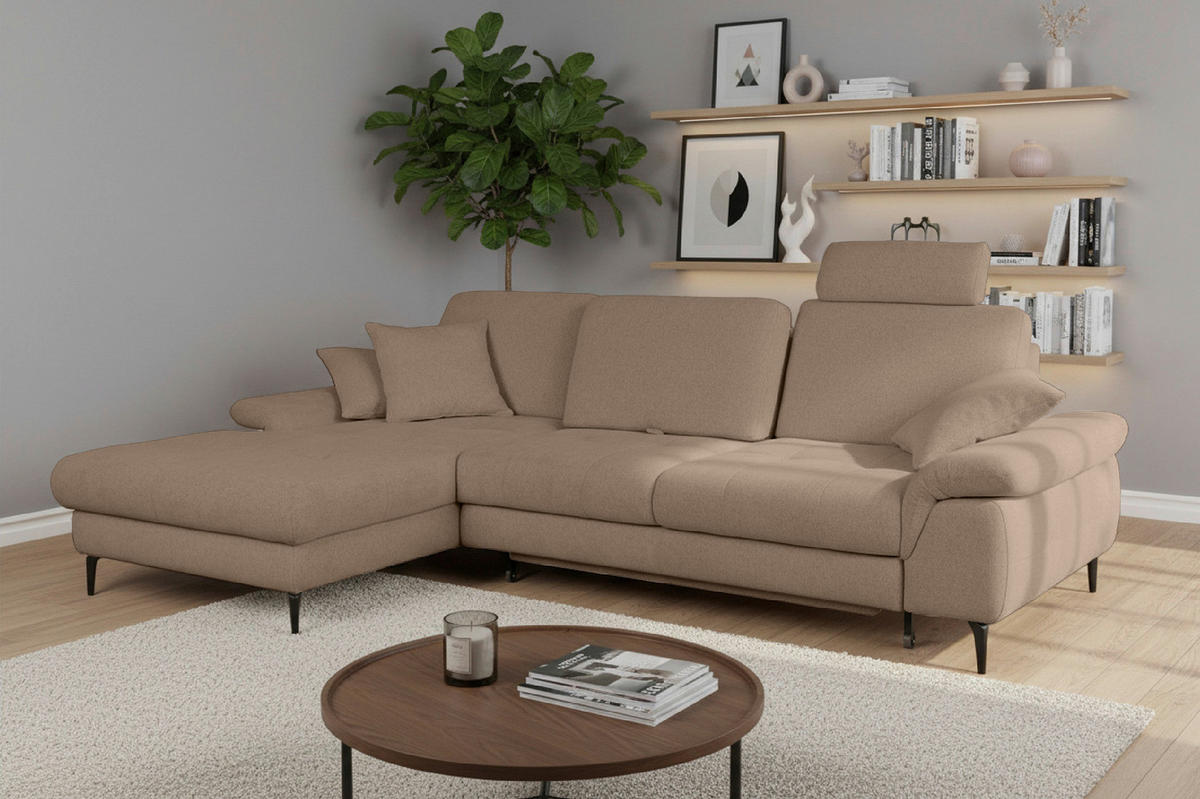 ECKSOFA ALMA Beige Chenille Bettkasten, Armteilverstellung, Sitztiefenverstellung, Kopfstütze  - Beige/Schwarz, Design, Textil/Metall (191/285cm) - Livetastic