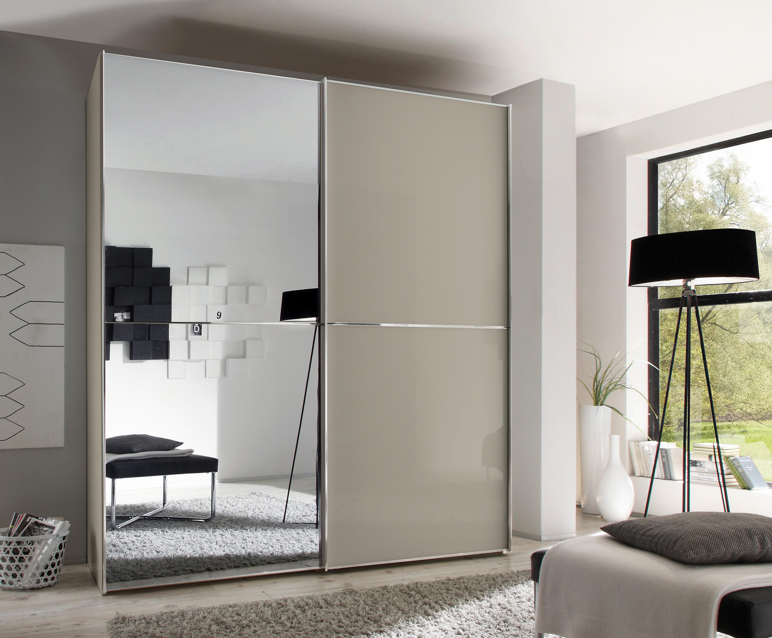 SCHWEBETÜRENSCHRANK 2-türig Sandfarben  - Sandfarben/Chromfarben, Design, Glas/Holzwerkstoff (167/222/68cm) - Moderano