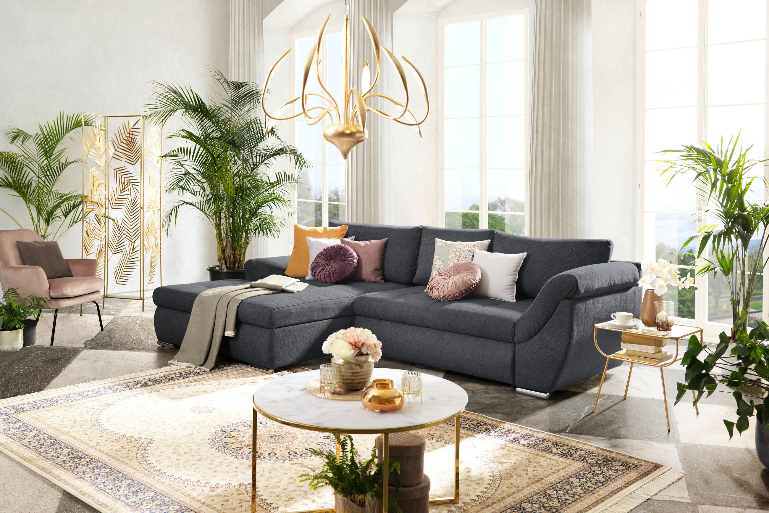 ECKSOFA in Flachgewebe Graphitfarben  - Silberfarben/Graphitfarben, Design, Textil/Metall (174/306cm) - MID.YOU