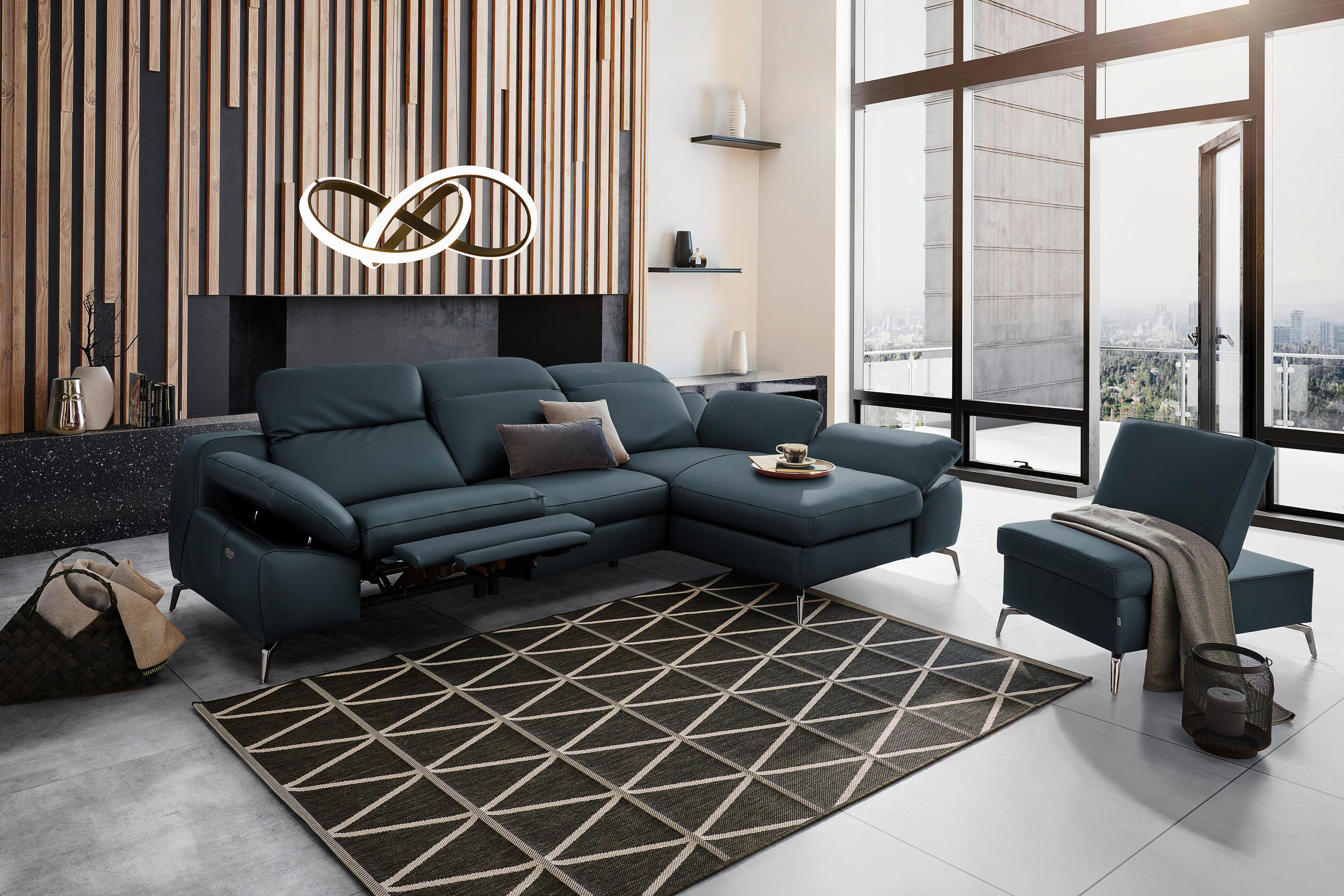 ECKSOFA in Echtleder Dunkelblau  286/183 cm  - Schwarz/Dunkelblau, Design, Leder/Metall (286/183cm) - Celina Home