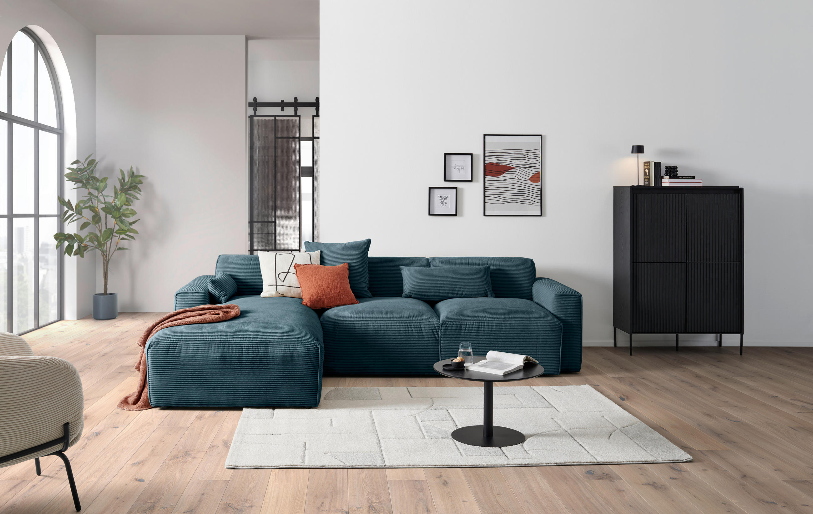 ECKSOFA Petrol Cord  - Petrol/Schwarz, Design, Kunststoff/Textil (196/303cm) - Livetastic
