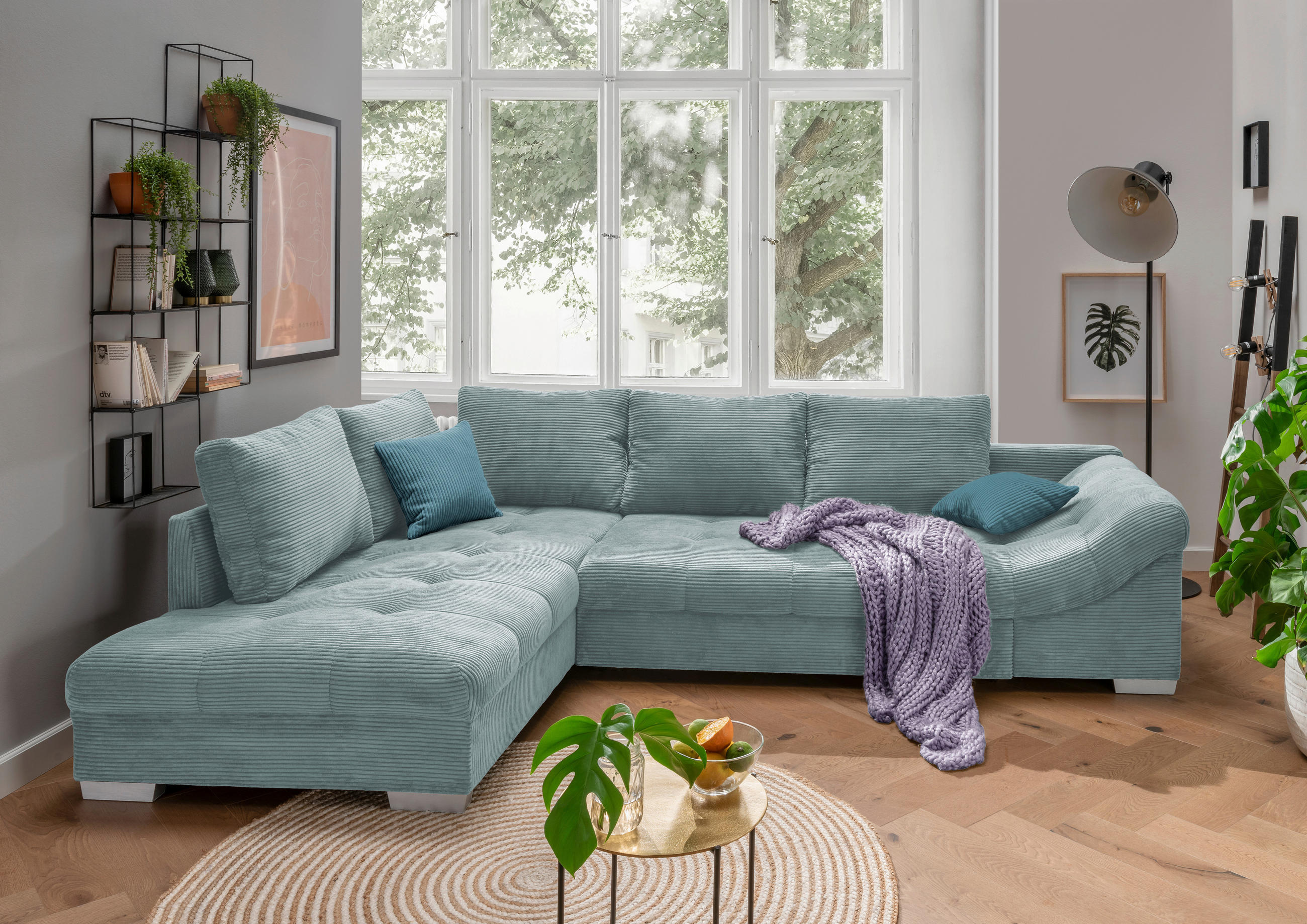 ECKSOFA Hellblau Cord  - Silberfarben/Petrol, Design, Holz/Textil (202/298cm) - MID.YOU