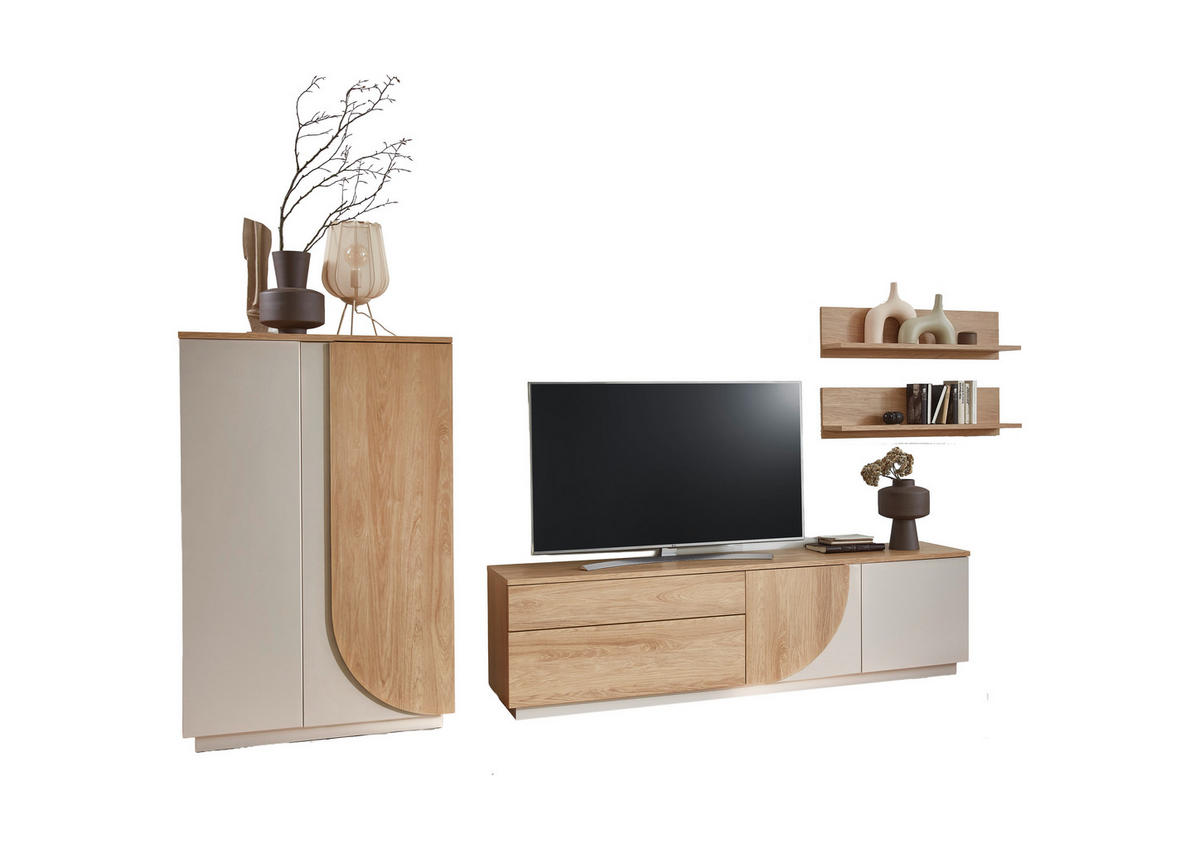 WOHNWAND 4-teilig  Eichefarben, Kaschmir 315/174/42 cm  LED-Leuchtmittel   - Kaschmir/Eichefarben, Design, Holzwerkstoff (315/174/42cm) - Stylife