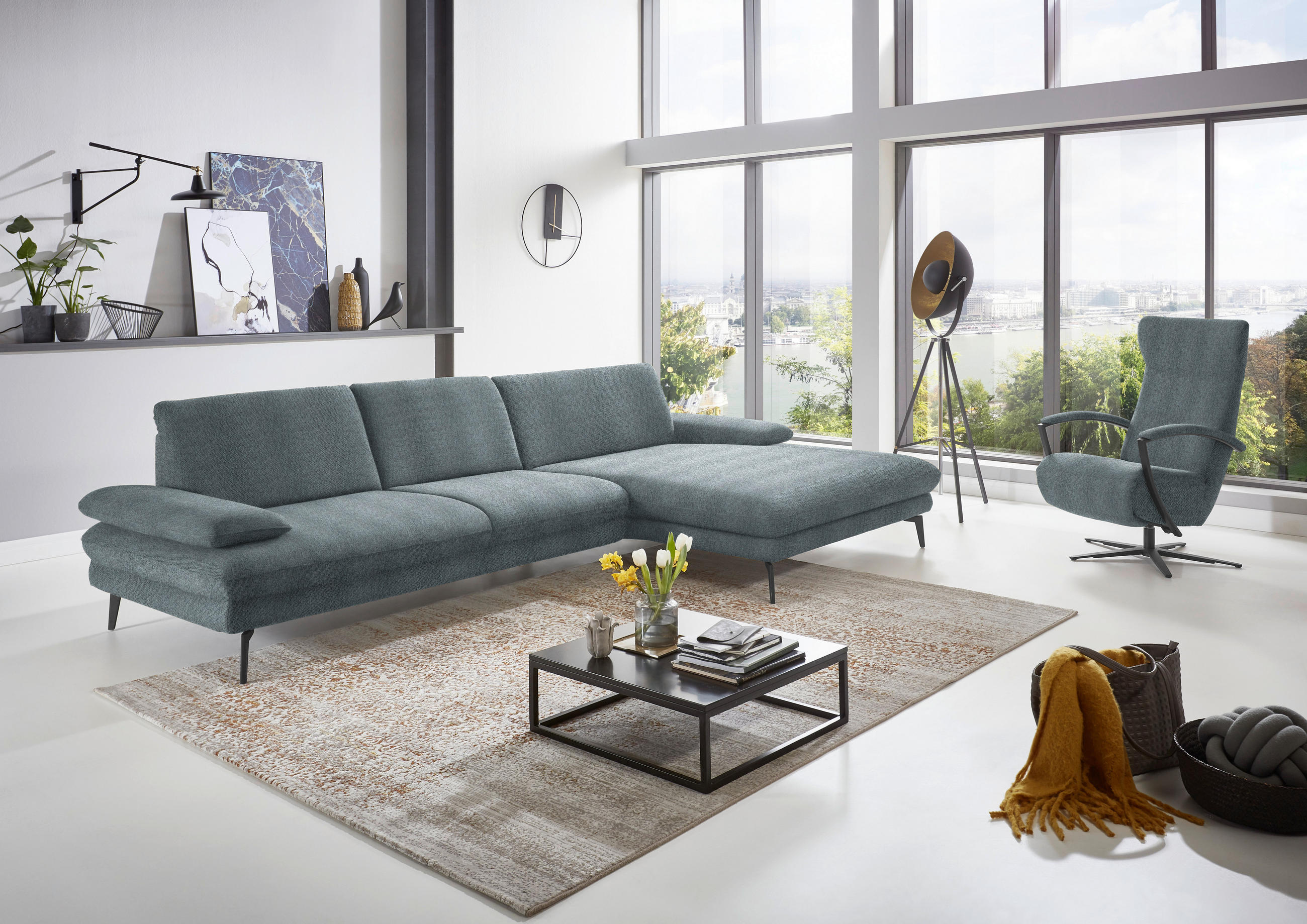 ECKSOFA in Chenille Blaugrau  - Blaugrau/Schwarz, Design, Textil/Metall (310/180cm) - Dieter Knoll