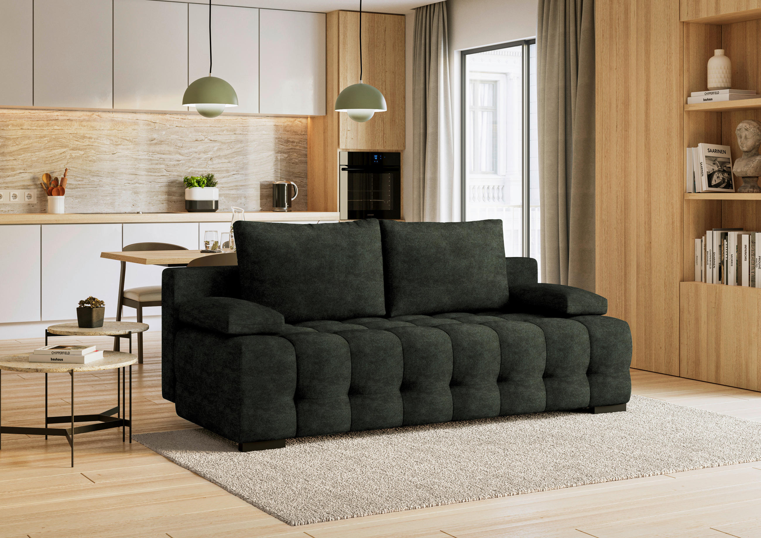 SCHLAFSOFA in Velours Dunkelgrün  - Dunkelgrün/Schwarz, KONVENTIONELL, Kunststoff/Textil (209/96/100cm) - Stylife