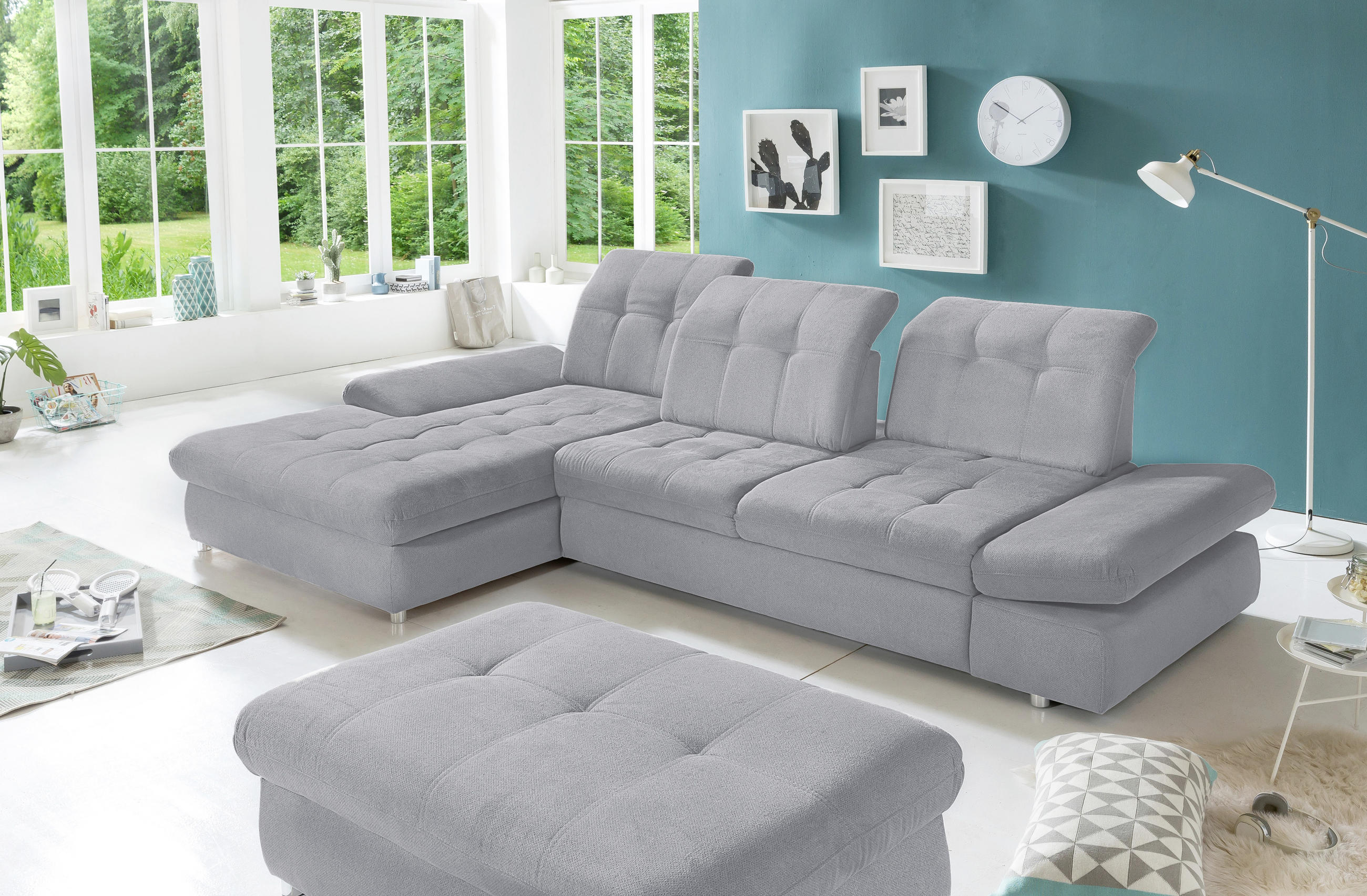 ECKSOFA Grau Mikrofaser - Chromfarben/Grau, KONVENTIONELL, Kunststoff/Textil (186/314cm) - Livetastic