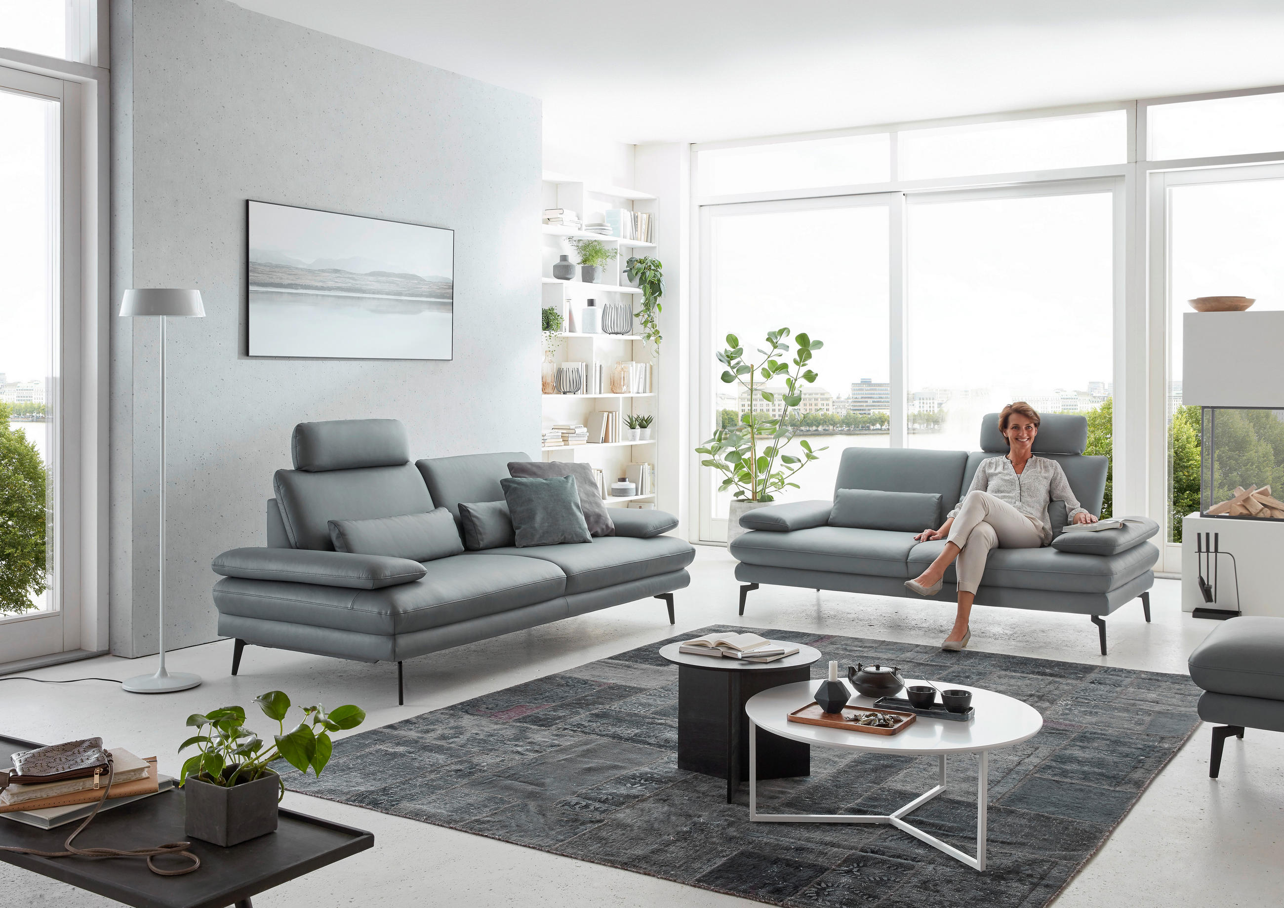 3-SITZER-SOFA in Echtleder Grau  - Schwarz/Grau, Design, Leder/Metall (222/86/104cm) - Dieter Knoll