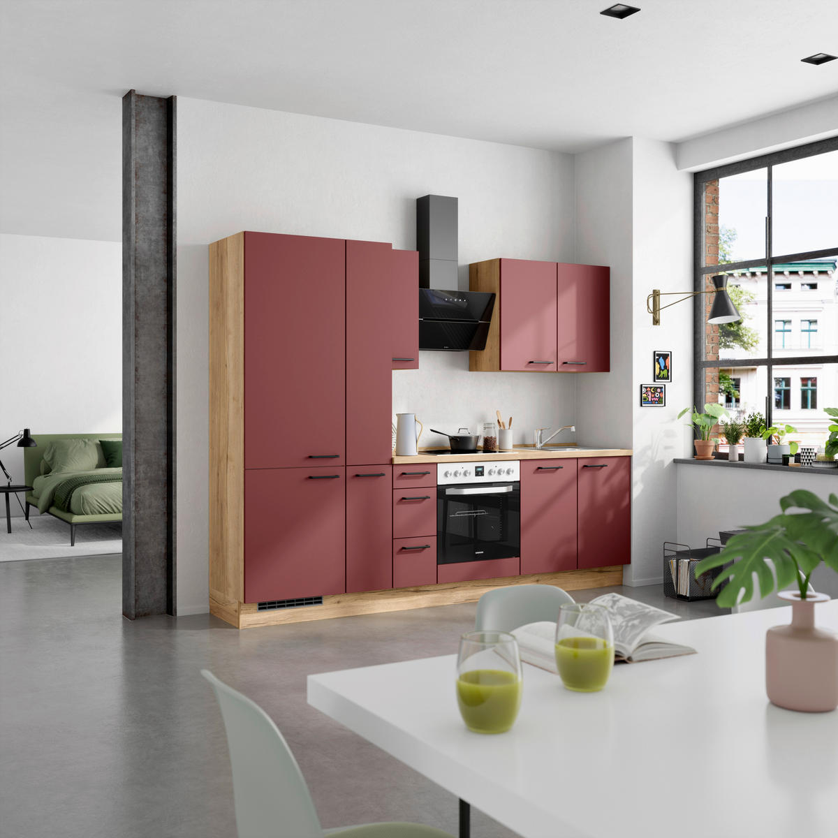 KÜCHENLEERBLOCK 270 cm   in Rot, Eichefarben  - Eichefarben/Rot, MODERN, Holzwerkstoff/Metall (270cm) - Nobilia