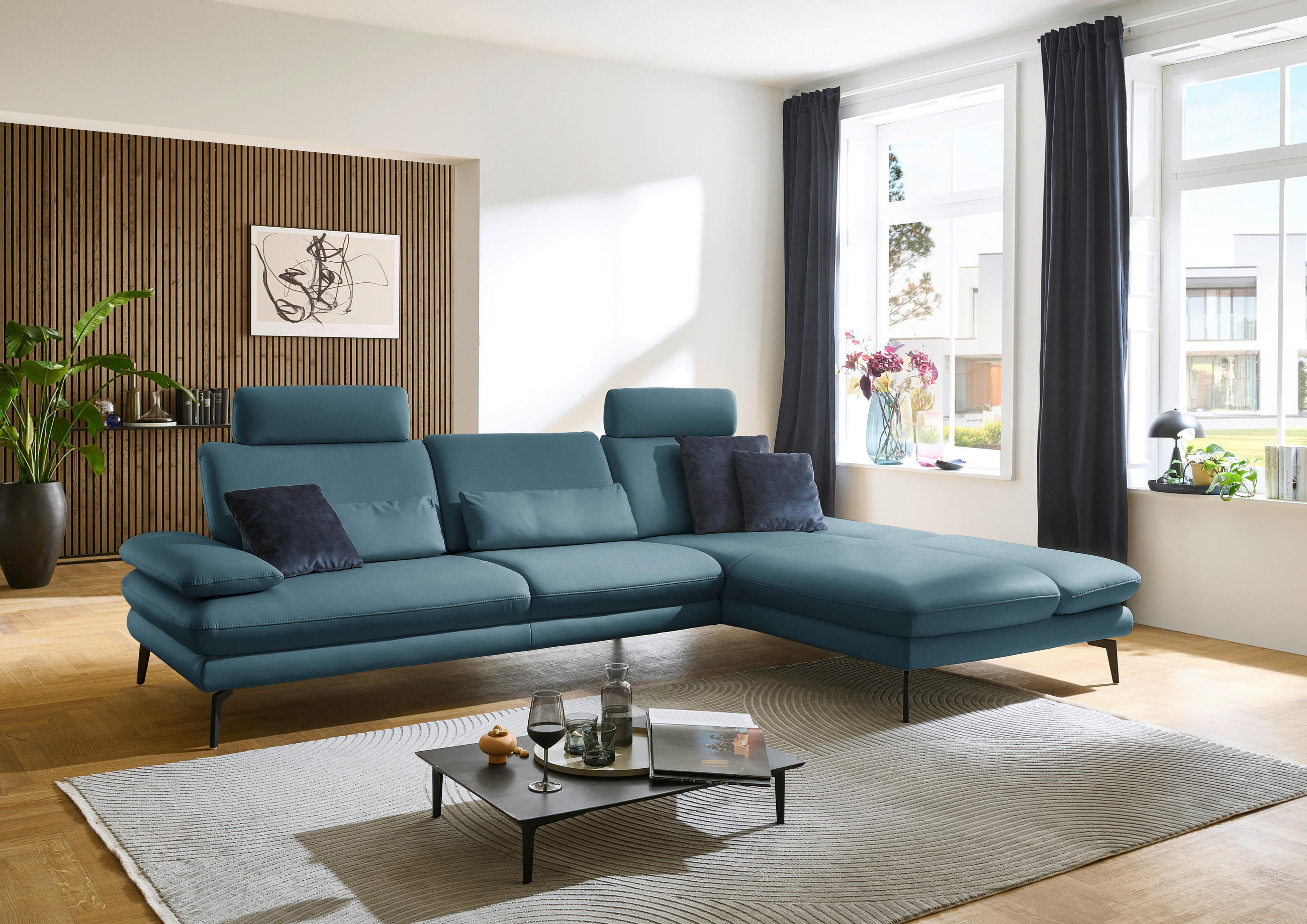 ECKSOFA in Echtleder Blau  - Blau/Schwarz, Design, Leder/Metall (308/195cm) - Dieter Knoll