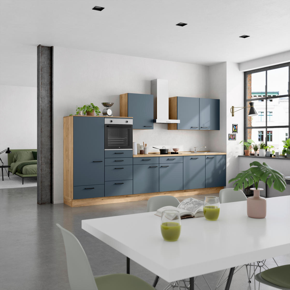 KÜCHENLEERBLOCK 360 cm   in Blau, Eichefarben  - Blau/Eichefarben, MODERN, Holzwerkstoff/Metall (360cm) - Nobilia