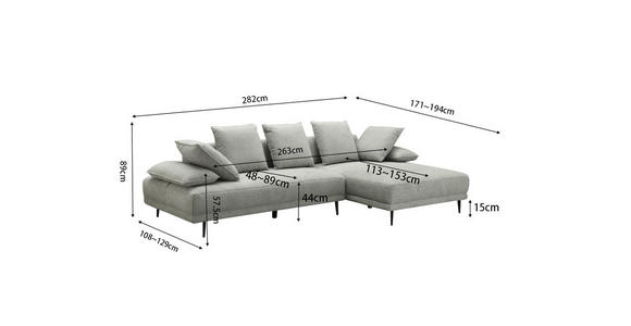 ECKSOFA  in Mikrofaser Hellgrau  282/171 cm  - Hellgrau/Schwarz, Design, Textil/Metall (282/171cm) - Hom`in