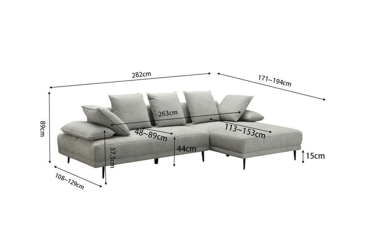 ECKSOFA Hellgrau Mikrofaser  - Hellgrau/Schwarz, Design, Textil/Metall (171/282cm) - Hom`in