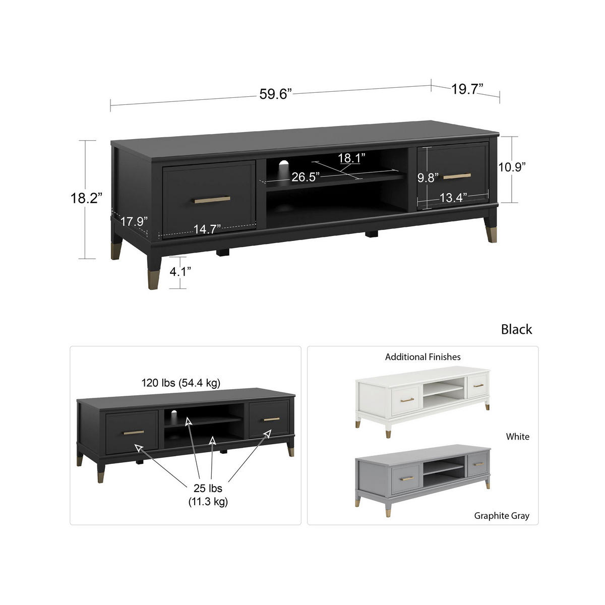 LOWBOARD Westerleigh  in 152/47/50 cm  - Messingfarben/Graphitfarben, Design, Holzwerkstoff/Metall (152/47/50cm) - MID.YOU