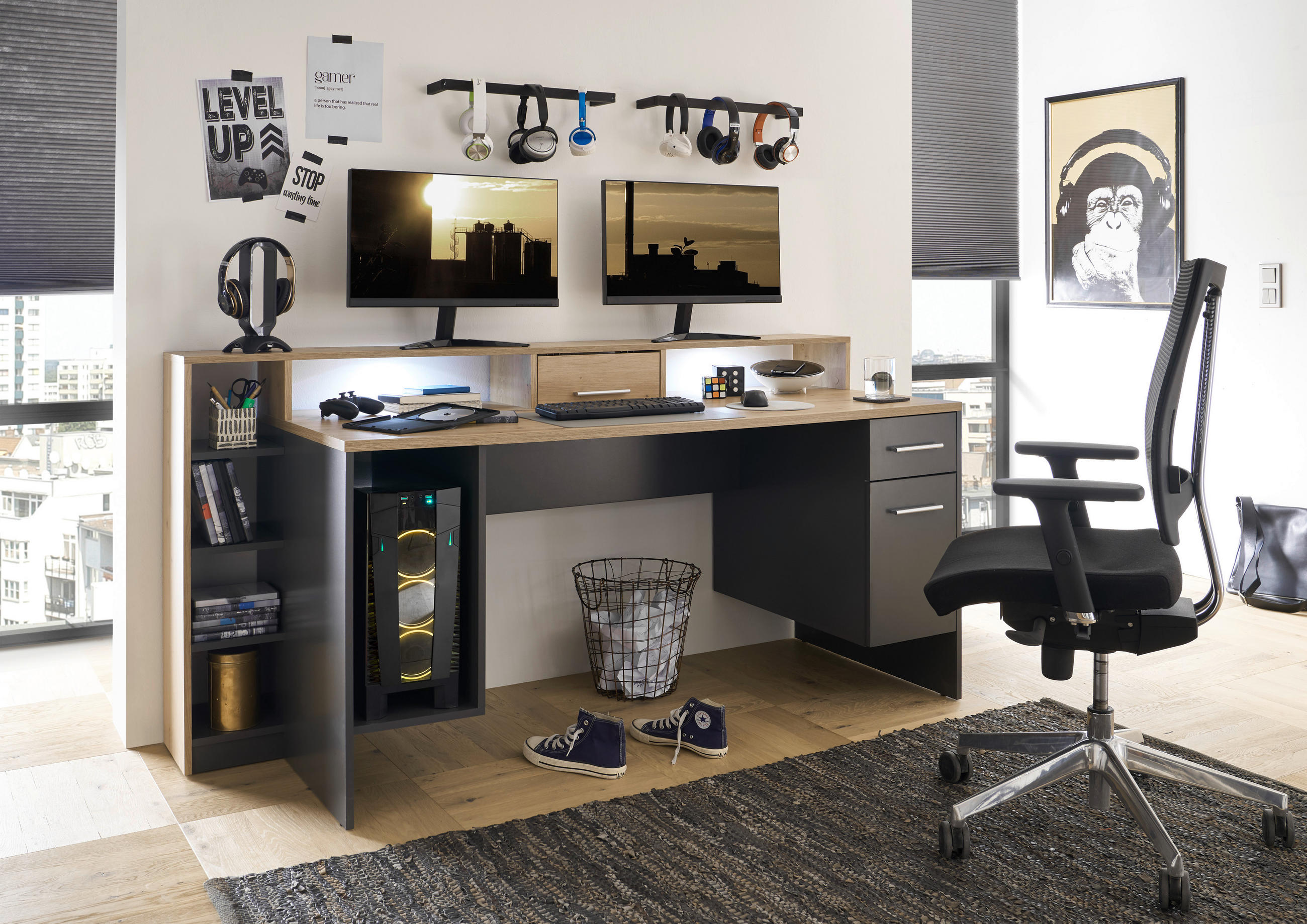 GAMING TISCH 182/70/91 cm in Grau, Eichefarben - Eichefarben/Silberfarben, Design, Holzwerkstoff/Kunststoff (182/70/91cm) - Livetastic