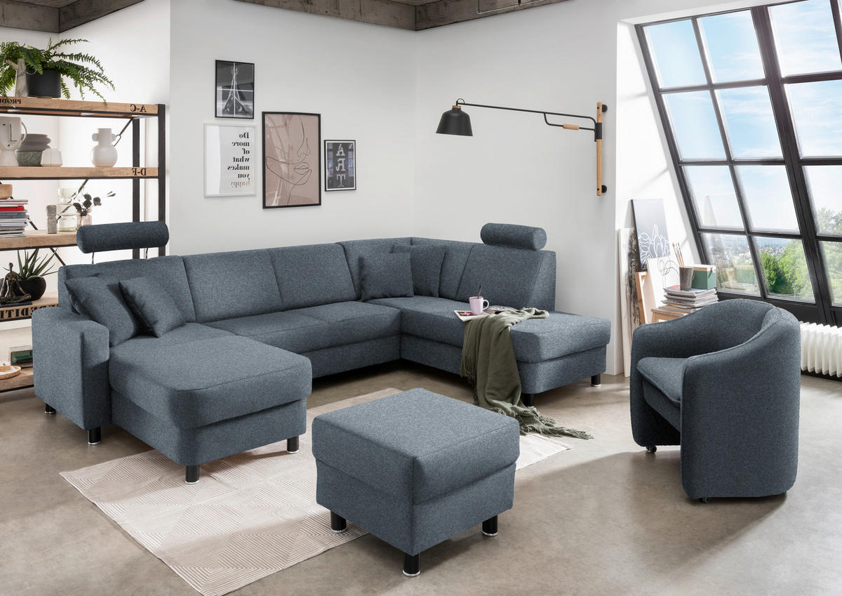 WOHNLANDSCHAFT in Webstoff Blaugrau  - Blaugrau/Schwarz, Design, Holz/Textil (165/296/198cm) - Xora