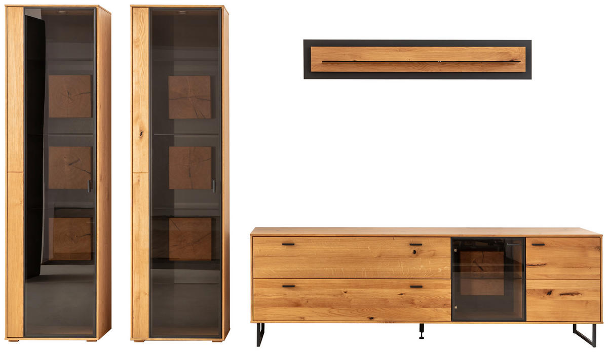 WOHNWAND  in Wildeiche 359/206/50 cm  - Wildeiche/Schwarz, Design, Glas/Holz (359/206/50cm) - MID.YOU