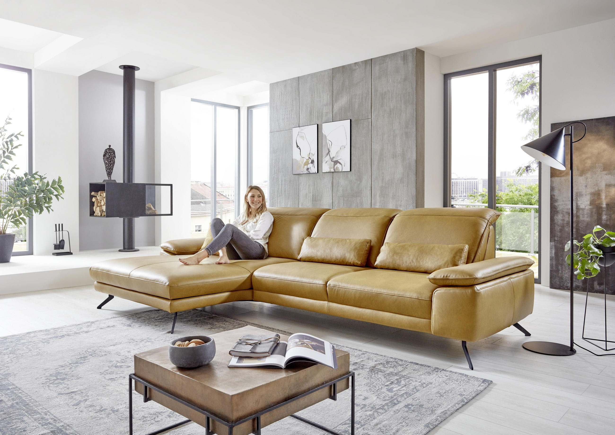 ECKSOFA in Echtleder Hellbraun  - Hellbraun/Schwarz, Design, Leder/Metall (328/193cm) - Dieter Knoll