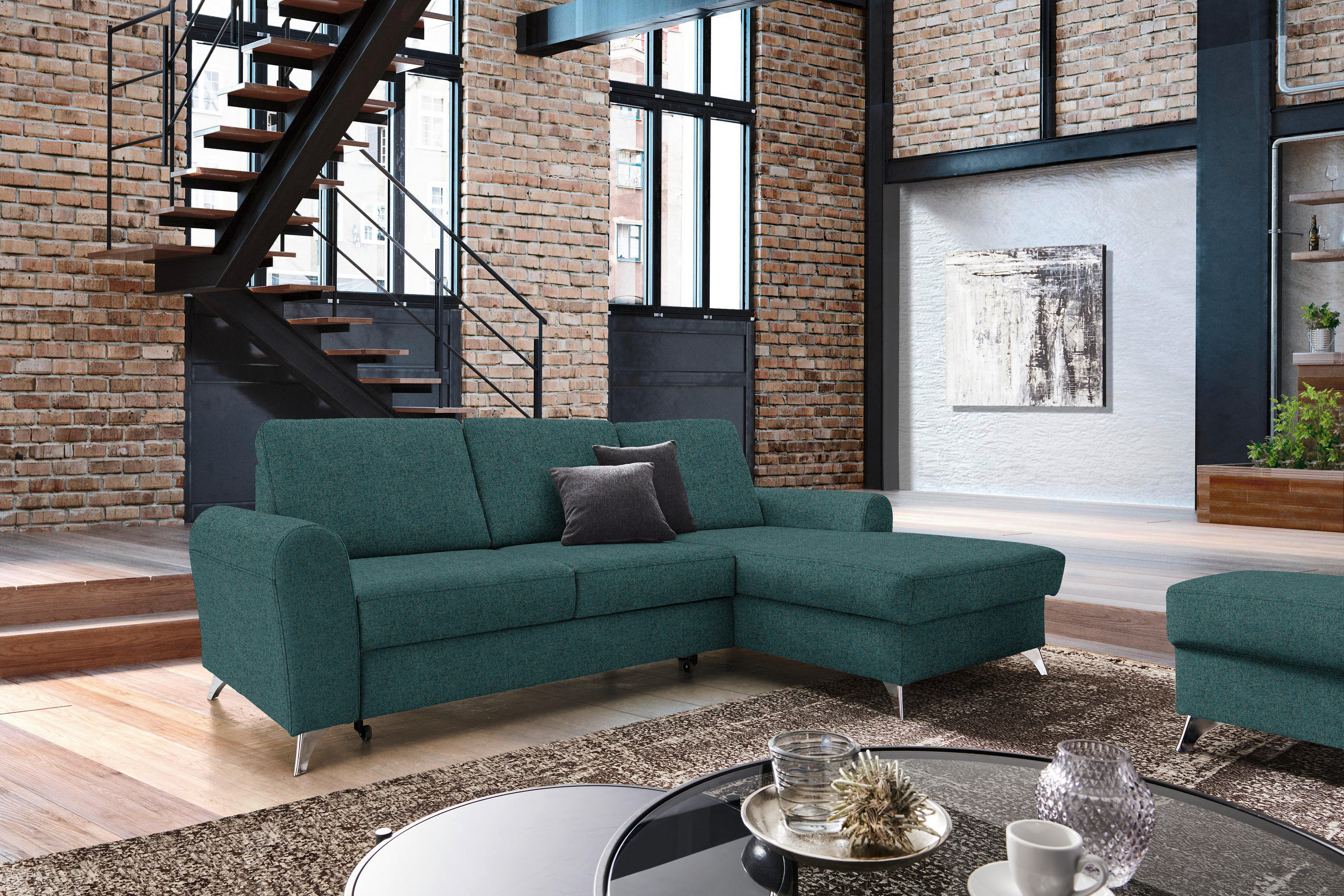 ECKSOFA in Flachgewebe Petrol  - Silberfarben/Petrol, Design, Textil/Metall (244/167cm) - Cantus