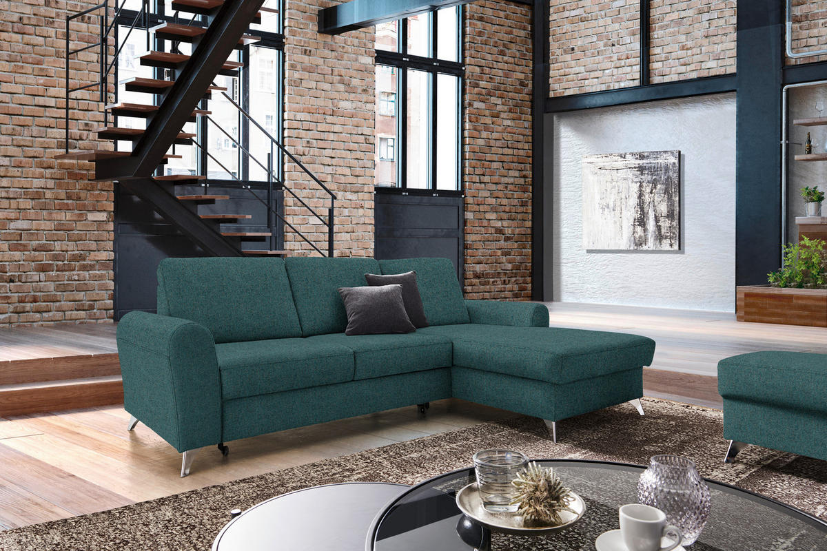 ECKSOFA in Flachgewebe Petrol  - Silberfarben/Petrol, Design, Textil/Metall (244/167cm) - Cantus