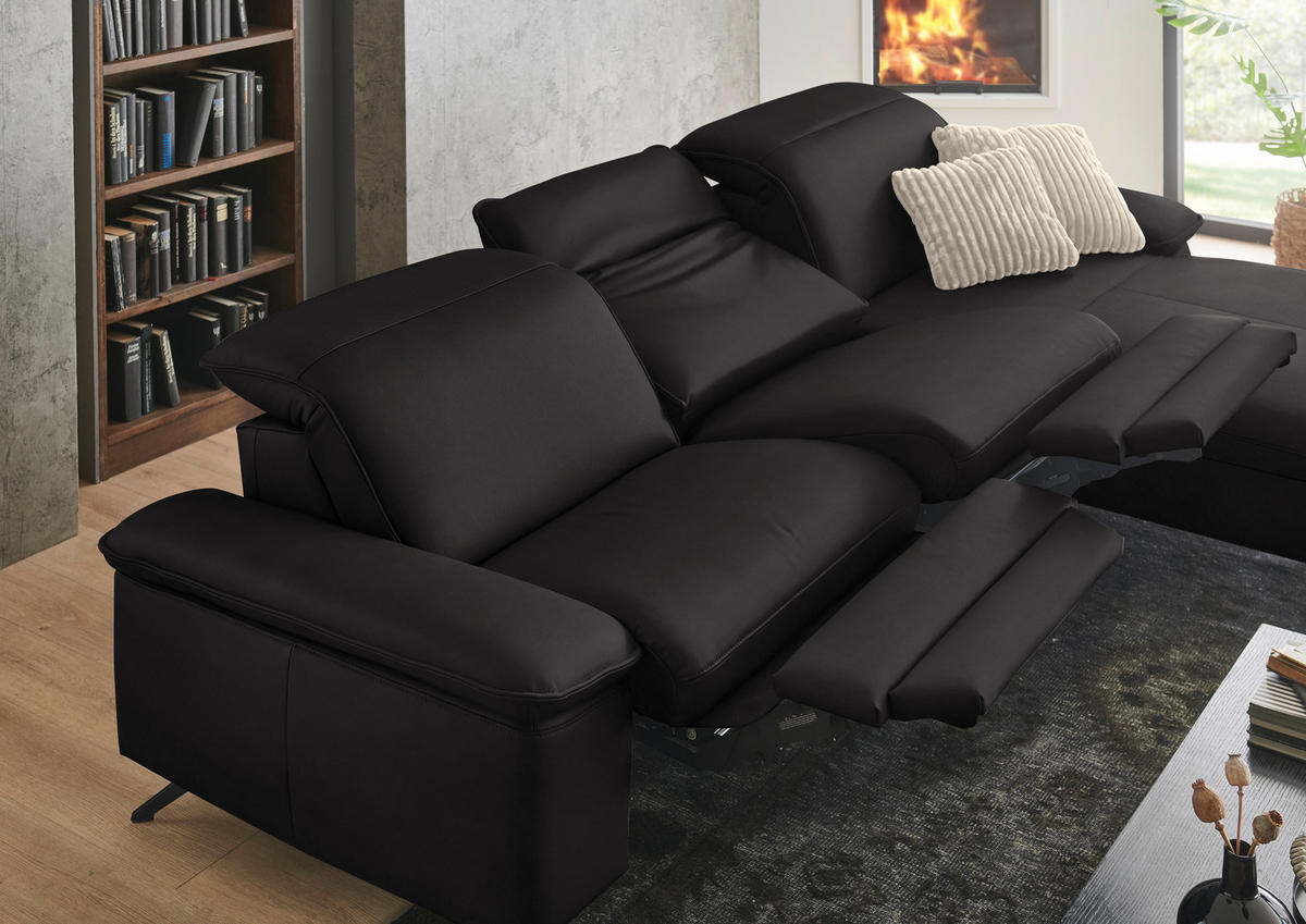 ECKSOFA  Echtleder Schwarzbraun  - Schwarzbraun/Schwarz, Design, Leder/Metall (307/169cm) - Beldomo Premium