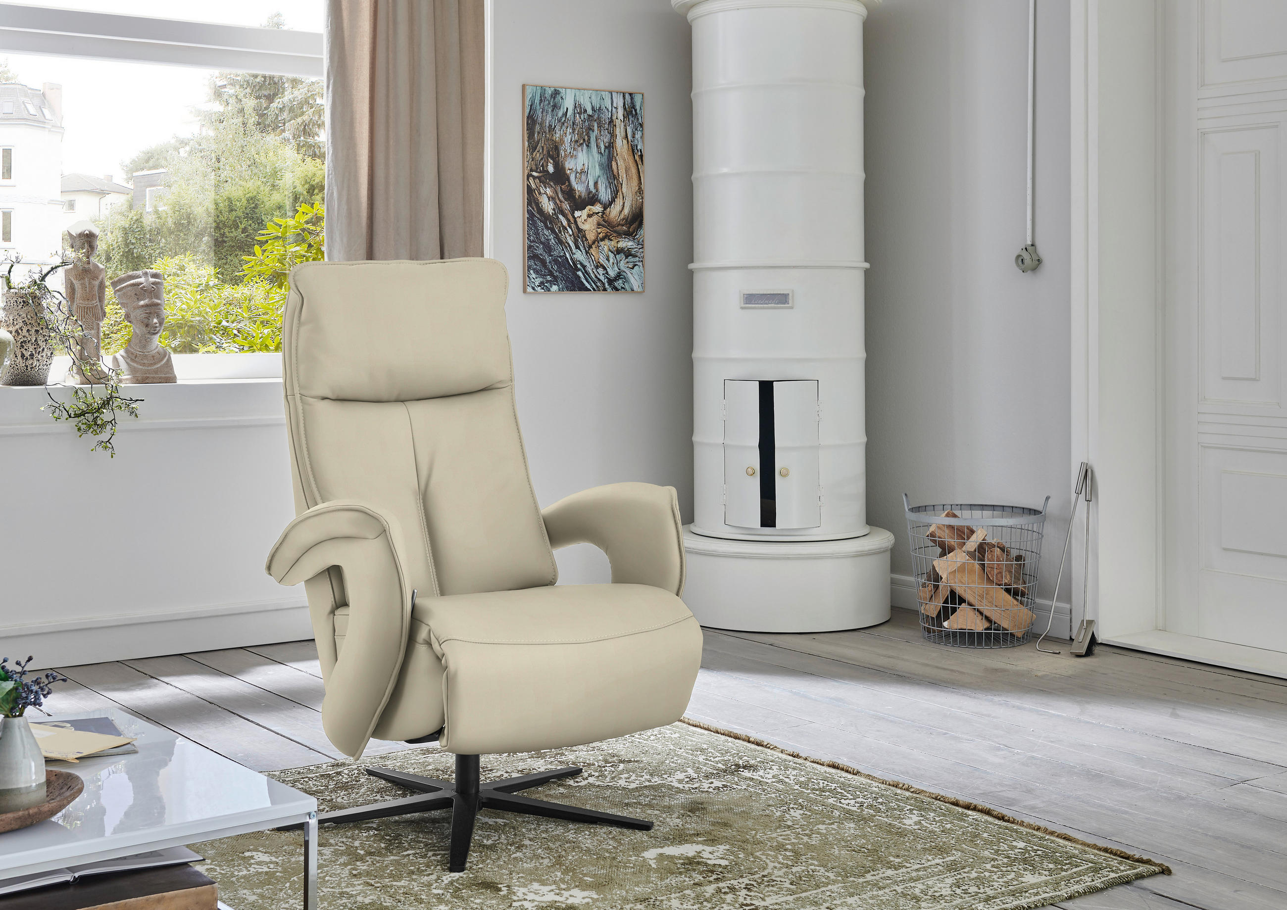 RELAXSESSEL in Leder Creme, Naturfarben  - Creme/Schwarz, Design, Leder/Metall (77/110/87cm) - Valdera
