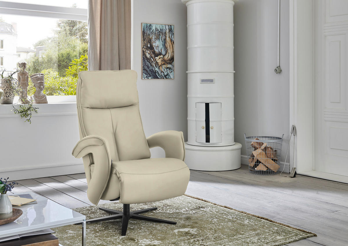 RELAXSESSEL in Leder Creme, Naturfarben  - Creme/Schwarz, Design, Leder/Metall (77/110/87cm) - Valdera