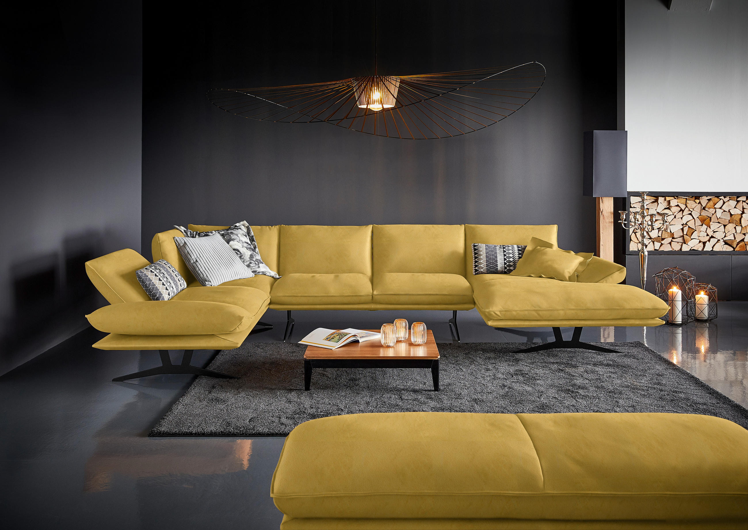 WOHNLANDSCHAFT in Echtleder Gelb  - Gelb/Schwarz, Natur, Leder/Metall (217/359/155cm) - Dieter Knoll