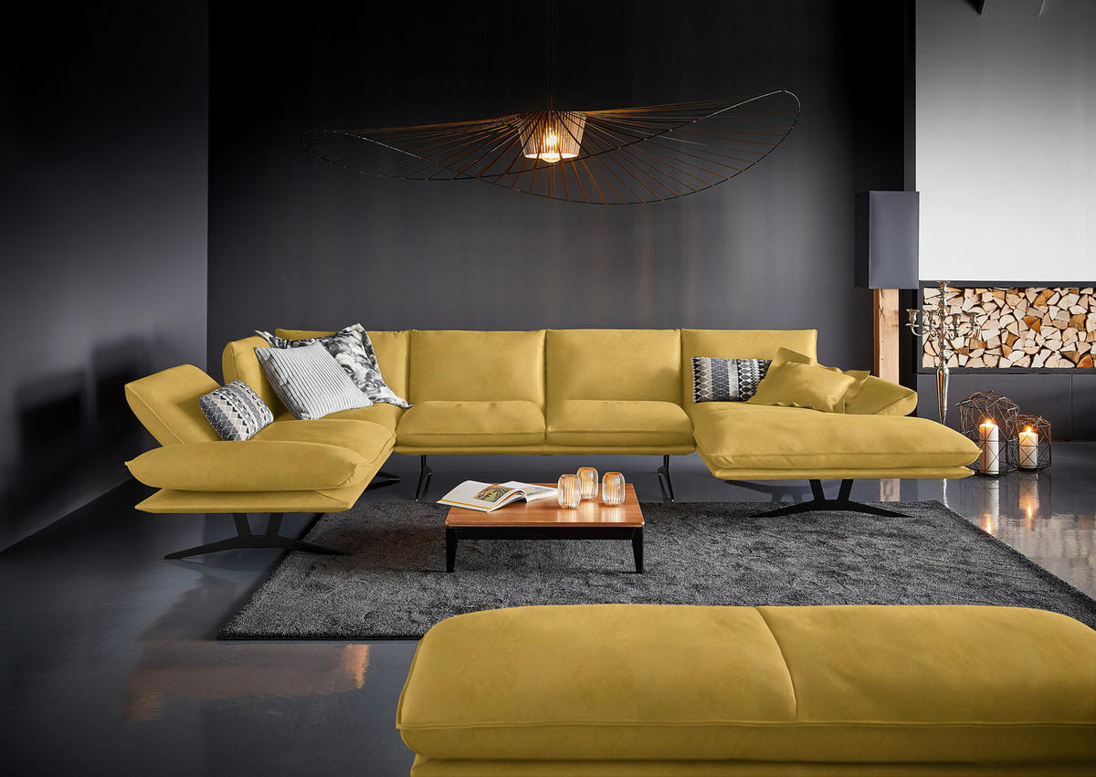 WOHNLANDSCHAFT in Echtleder Gelb  - Gelb/Schwarz, Natur, Leder/Metall (217/359/155cm) - Dieter Knoll