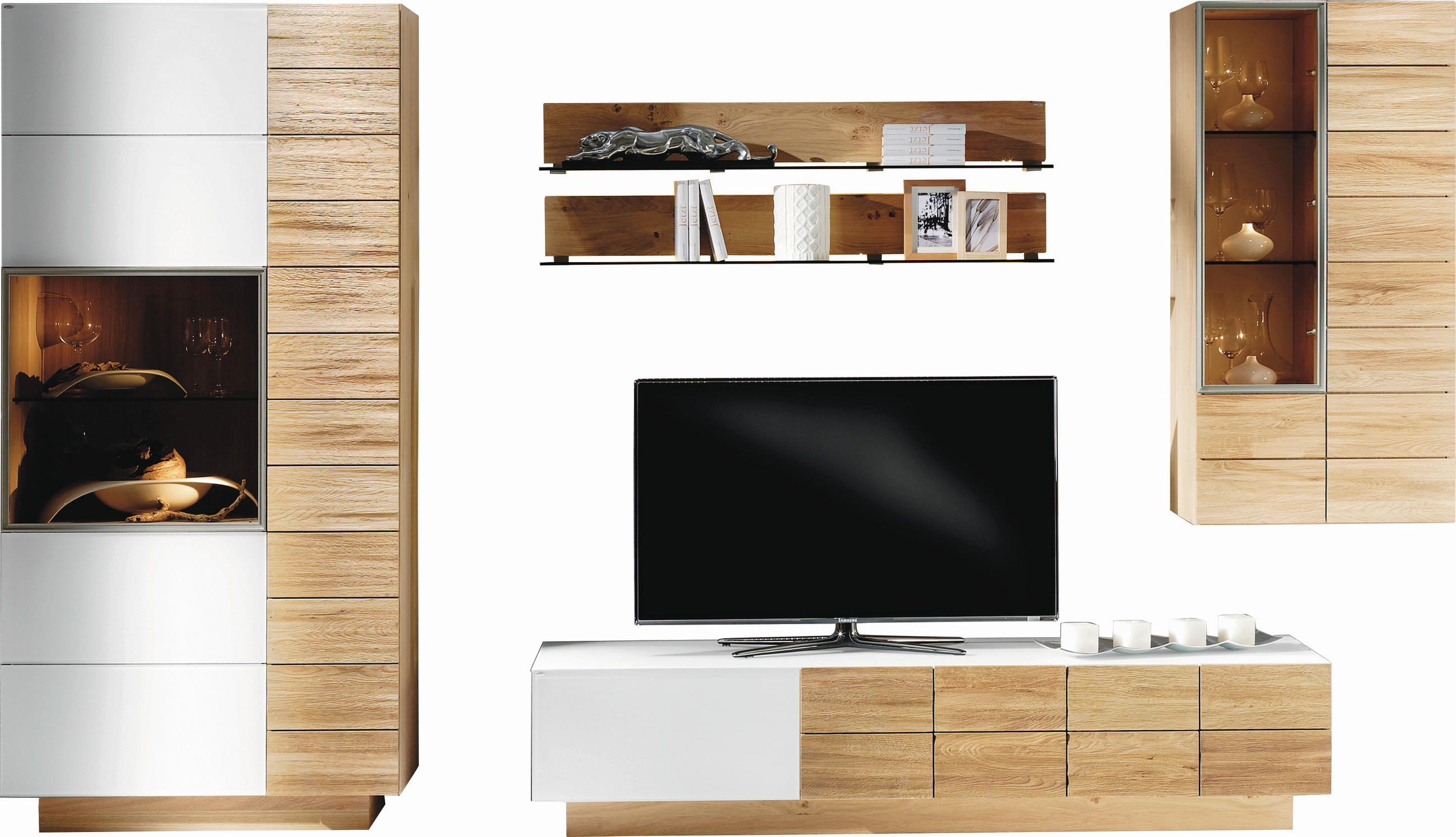 REGAL ZA DNEVNI BORAVAK bijela, boje hrasta   - bijela/boje hrasta, Design, staklo/drvo (352/202/56cm) - Voglauer