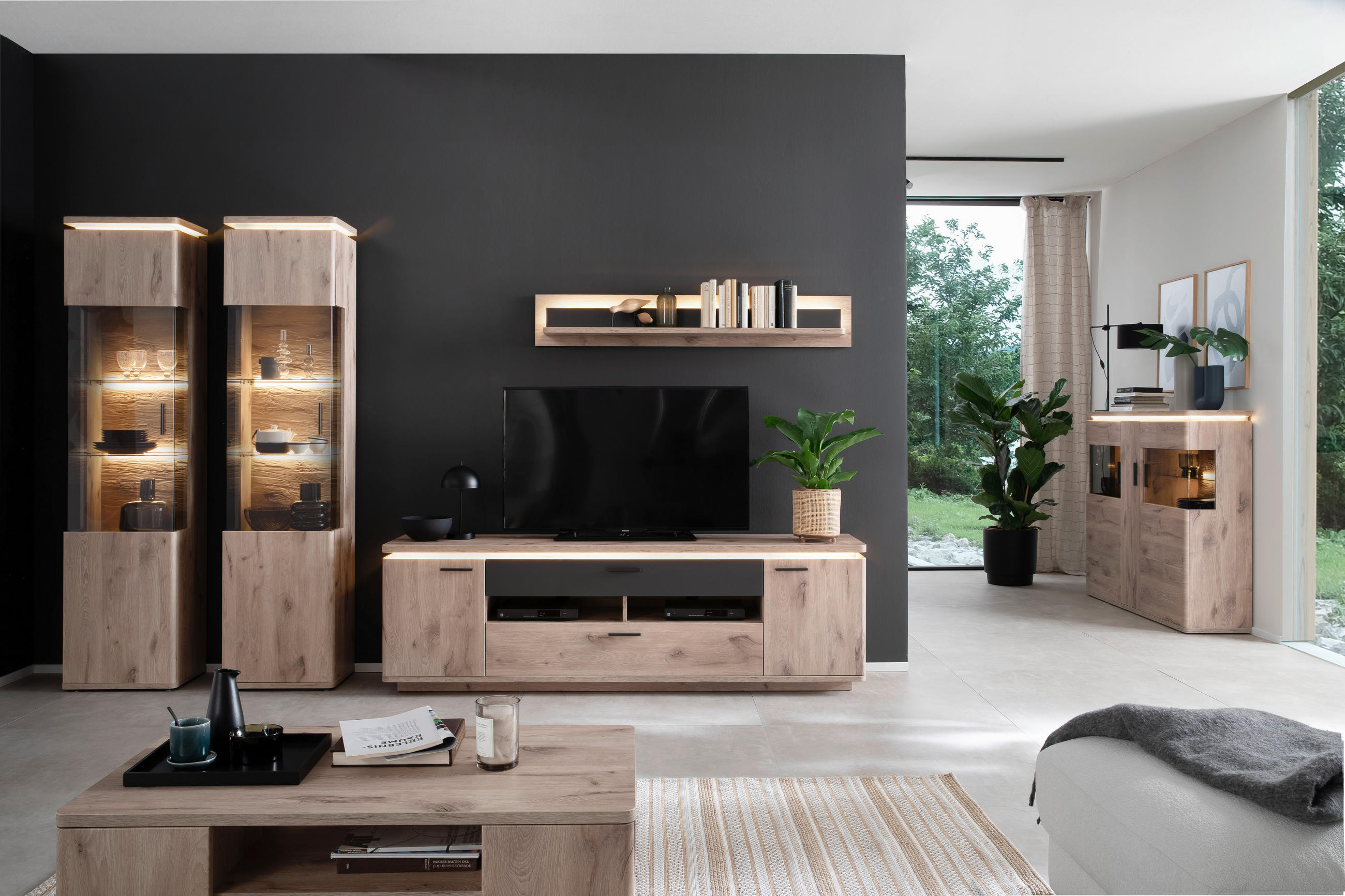 WOHNWAND in Anthrazit, Eiche dunkel 330/208/50 cm - Eiche dunkel/Anthrazit, Konventionell, Glas/Holzwerkstoff (330/208/50cm) - Cantus