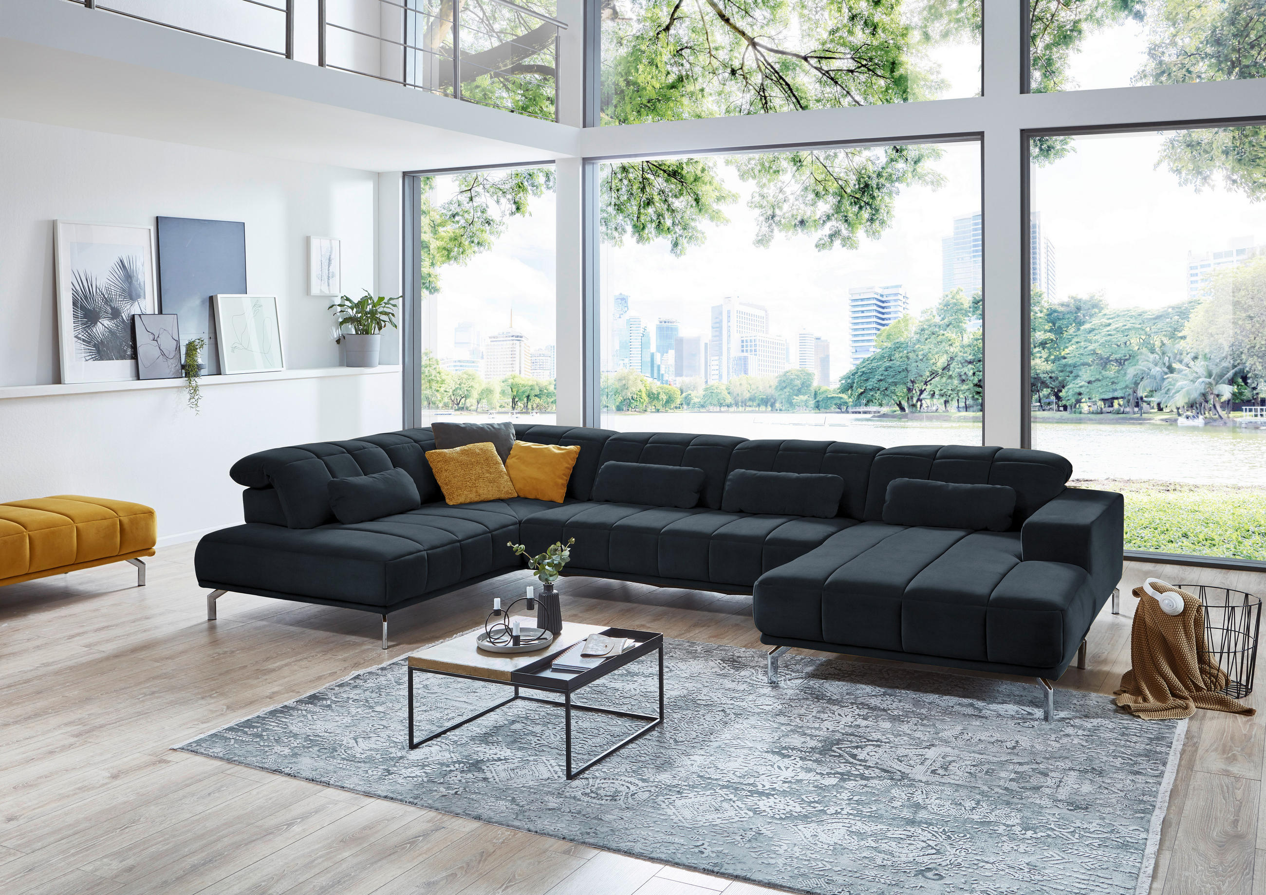 WOHNLANDSCHAFT Blau, Grau Velours - Blau/Schwarz, Design, Textil/Metall (219/383/195cm) - Beldomo Style