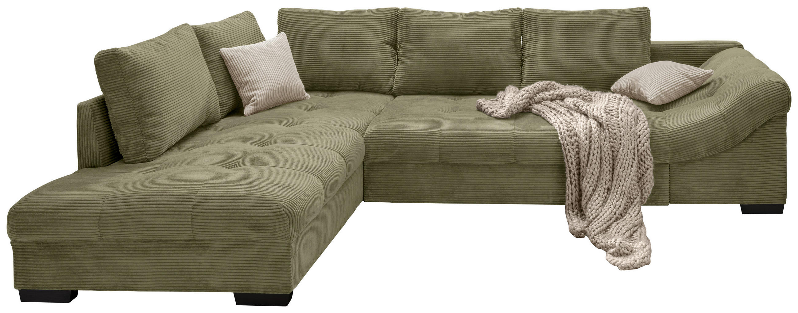 ECKSOFA Olivgrün Cord  - Silberfarben/Schwarz, Design, Holz/Textil (202/298cm) - MID.YOU