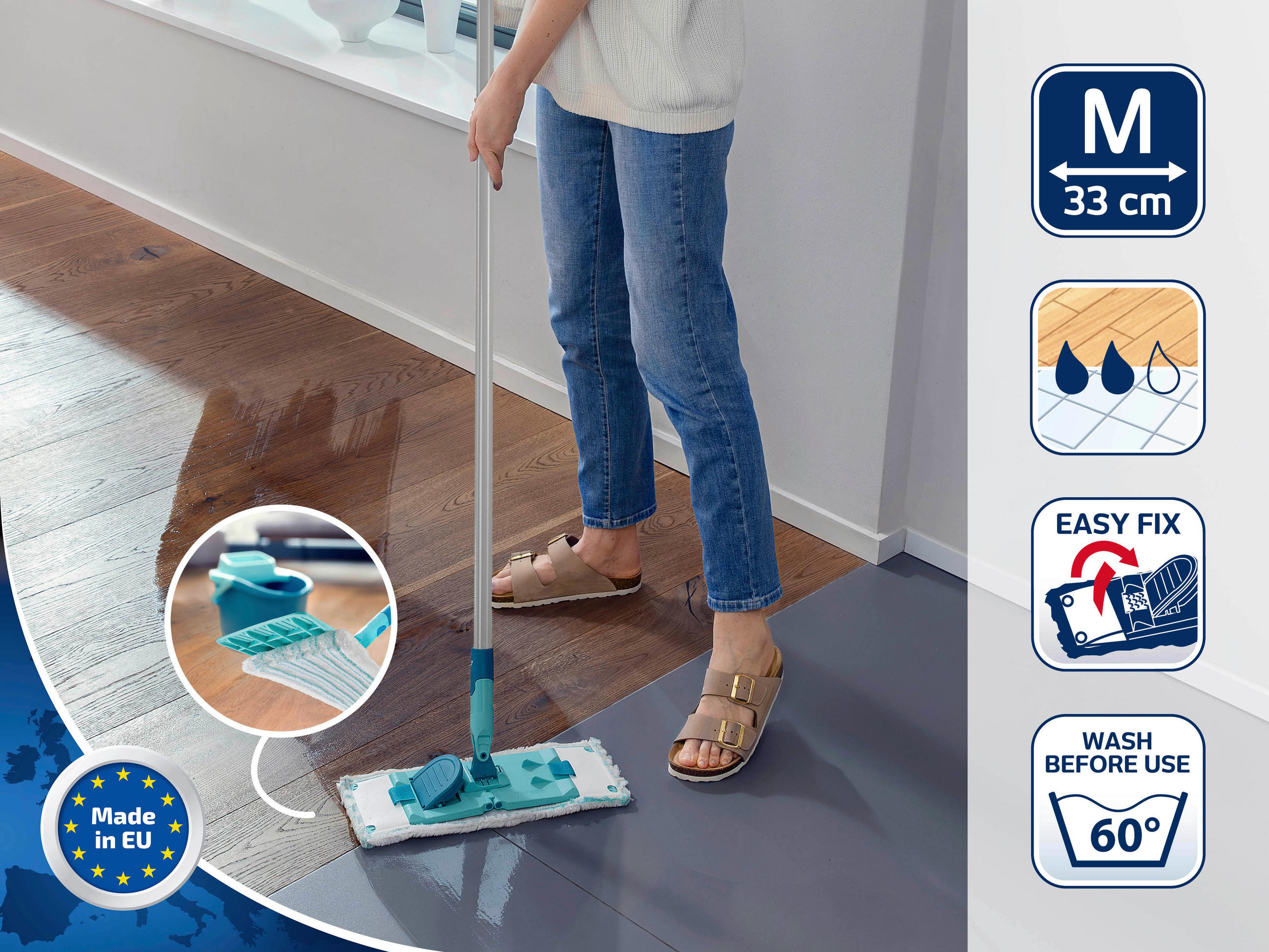 BODENWISCHER - Türkis/Weiß, Basics, Kunststoff/Textil (33/140cm) - Leifheit