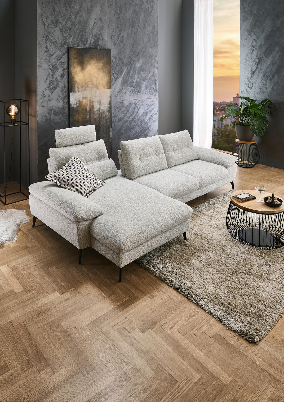 ECKSOFA Hellgrau Flachgewebe  - Hellgrau/Schwarz, Design, Textil/Metall (168/303cm) - Valdera