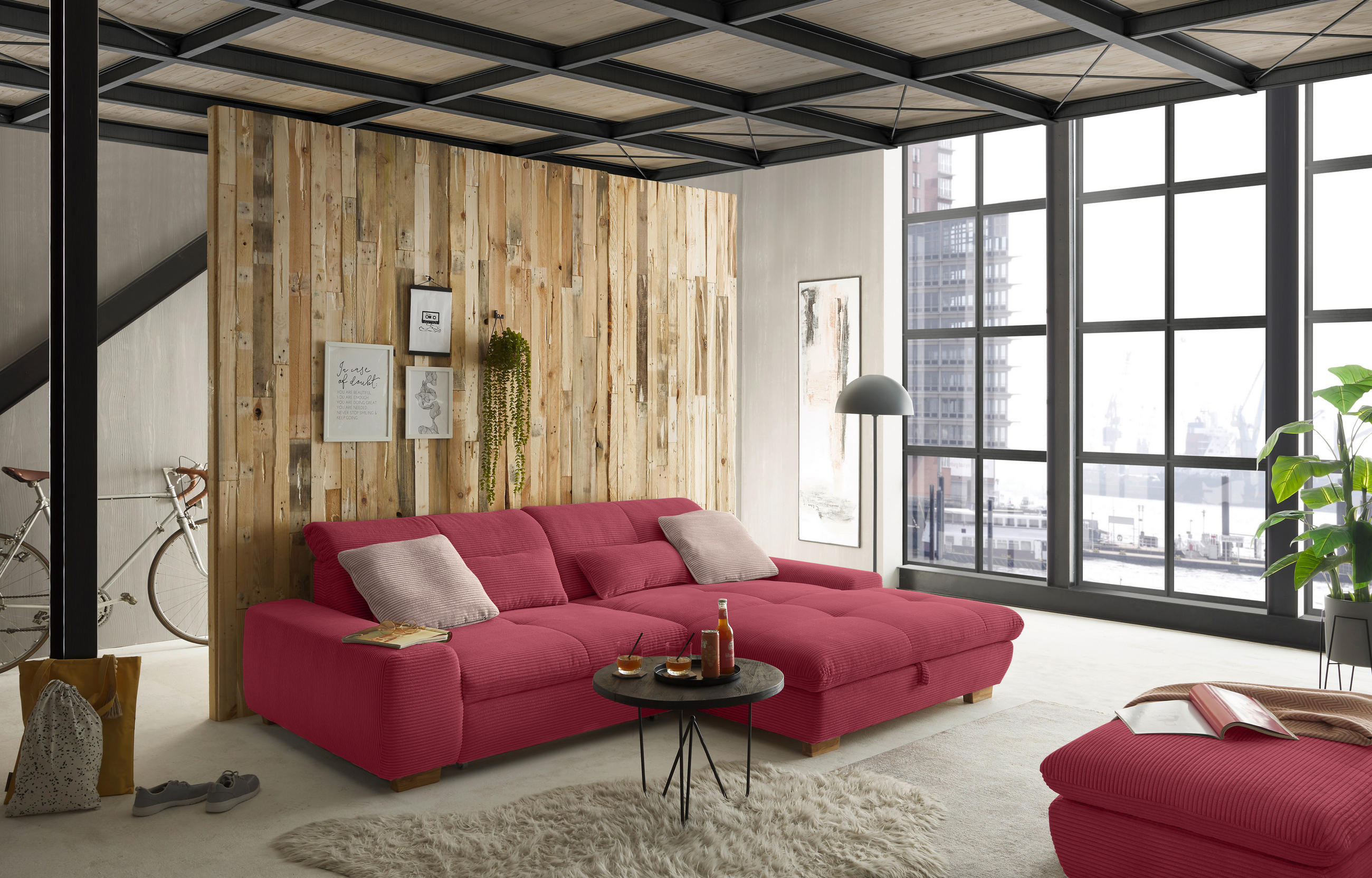 ECKSOFA Beere Cord  - Eichefarben/Beere, Design, Holz/Textil (276/198cm) - SetOne by Musterring