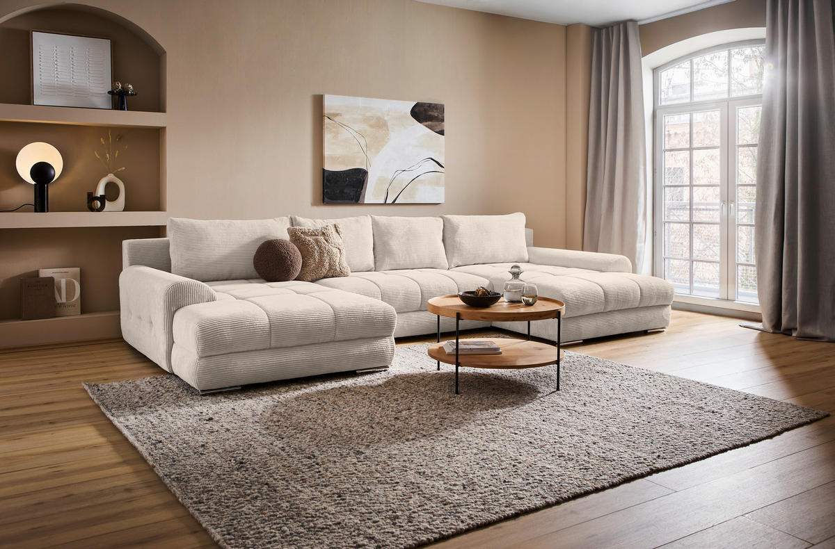 WOHNLANDSCHAFT Beige Cord  - Chromfarben/Beige, KONVENTIONELL, Kunststoff/Textil (180/376/180cm) - Carryhome