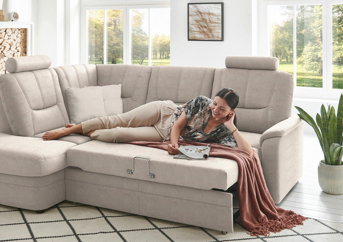 ECKSOFA Chenille Beige  - Beige/Schwarz, Konventionell, Kunststoff/Textil (185/235cm) - Beldomo Comfort